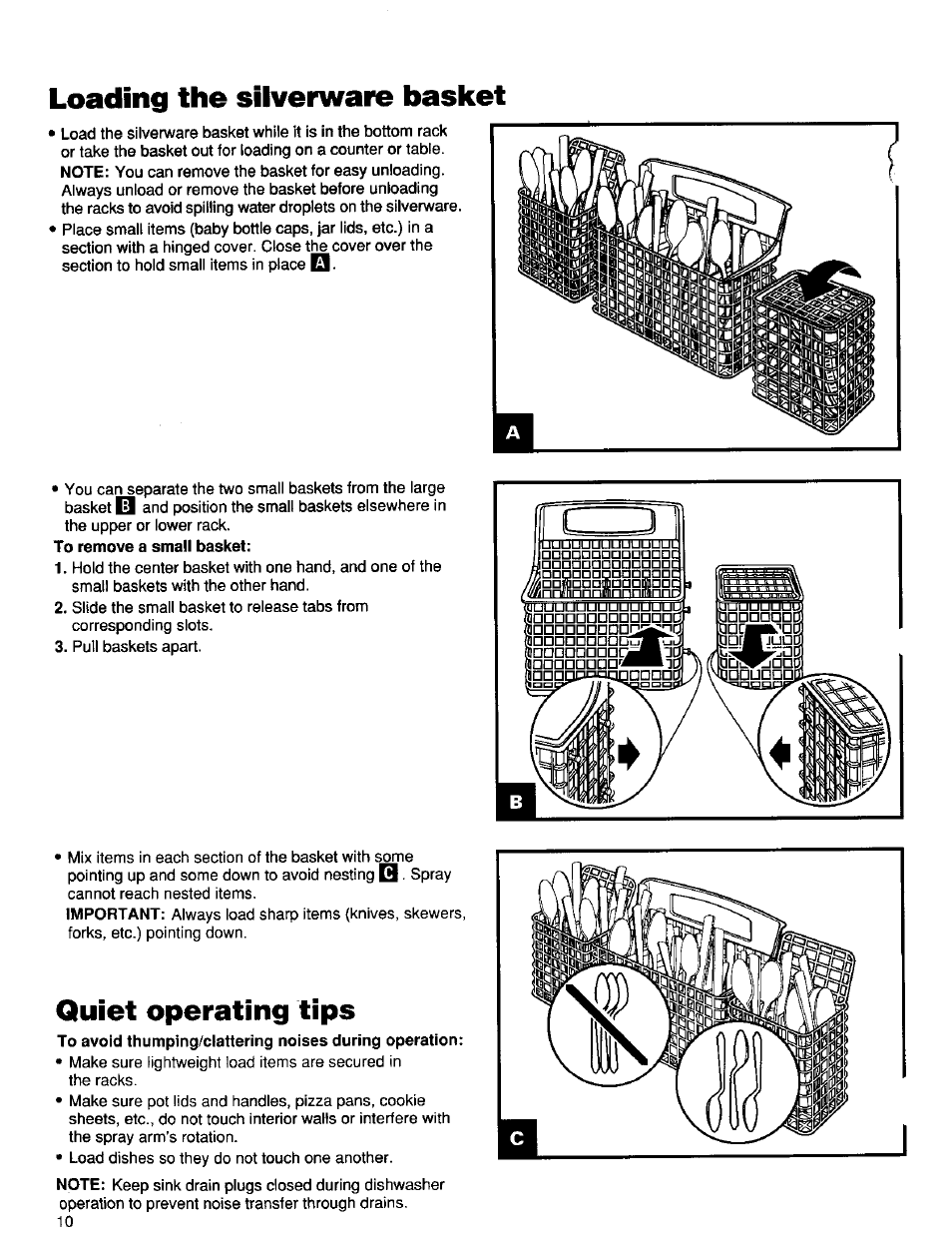 Loading the silverware basket, Quiet operating tips | Kenmore 16791 User Manual | Page 11 / 25