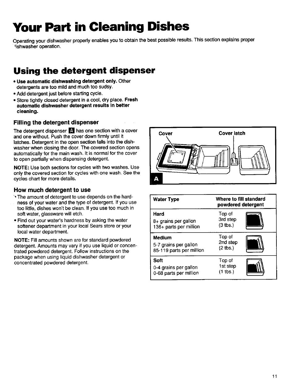 Your part in cleaning dishes, Using the detergent dispenser | Kenmore 16791 User Manual | Page 12 / 25