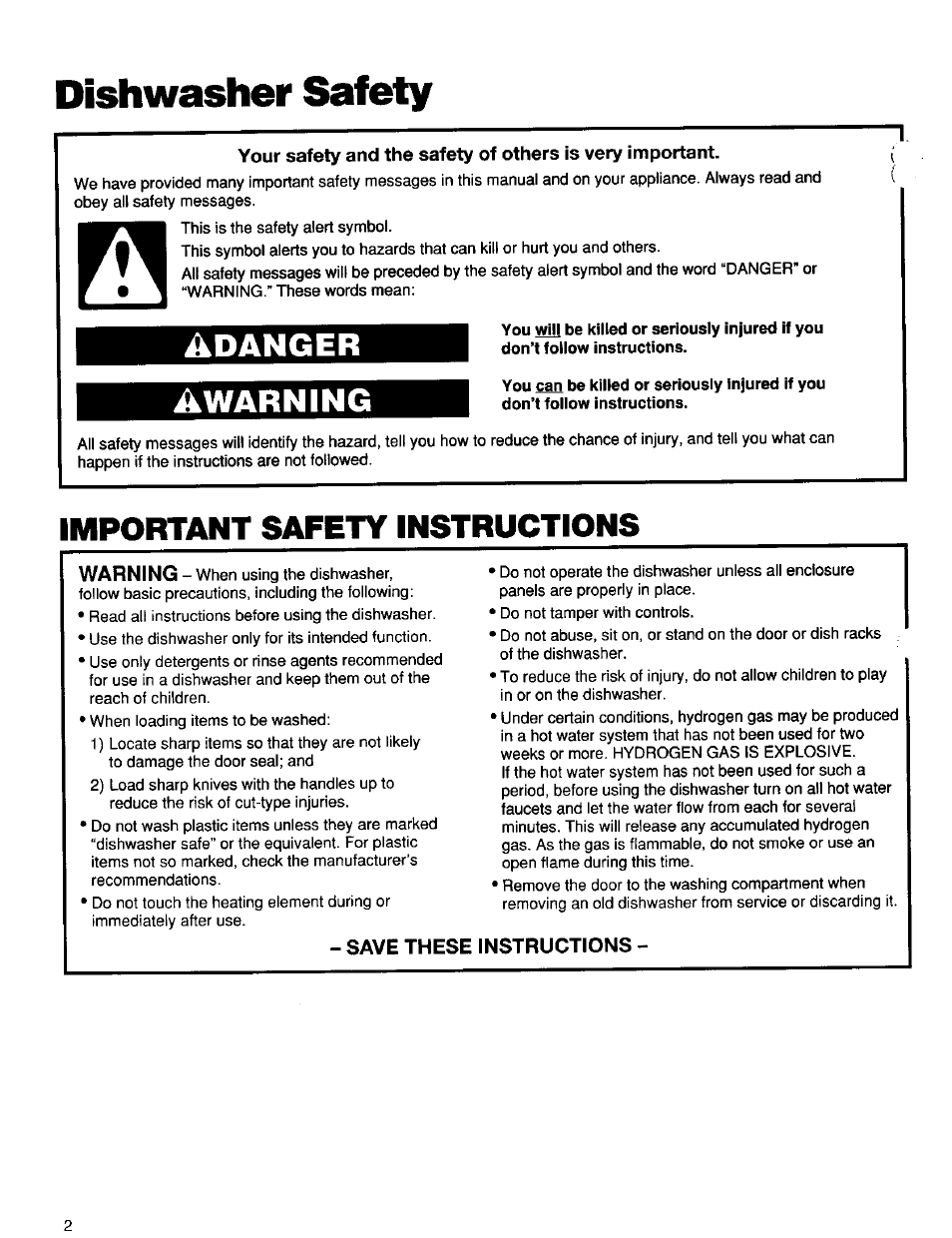 Dishwasher safety, Adanger awarning, Important safety instructions | Kenmore 16791 User Manual | Page 3 / 25