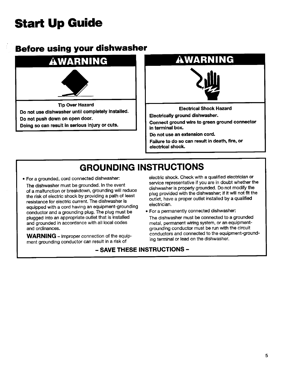 Start up guide, Before using your dishwasher awarning, Awarning | Grounding instructions | Kenmore 16791 User Manual | Page 6 / 25