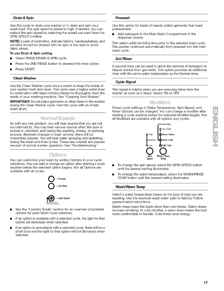 Drain & spin, Ciean washer, 2nd rinse | Cycle signal, Wash/rinse temp | Kenmore HE2 PLUS User Manual | Page 17 / 80