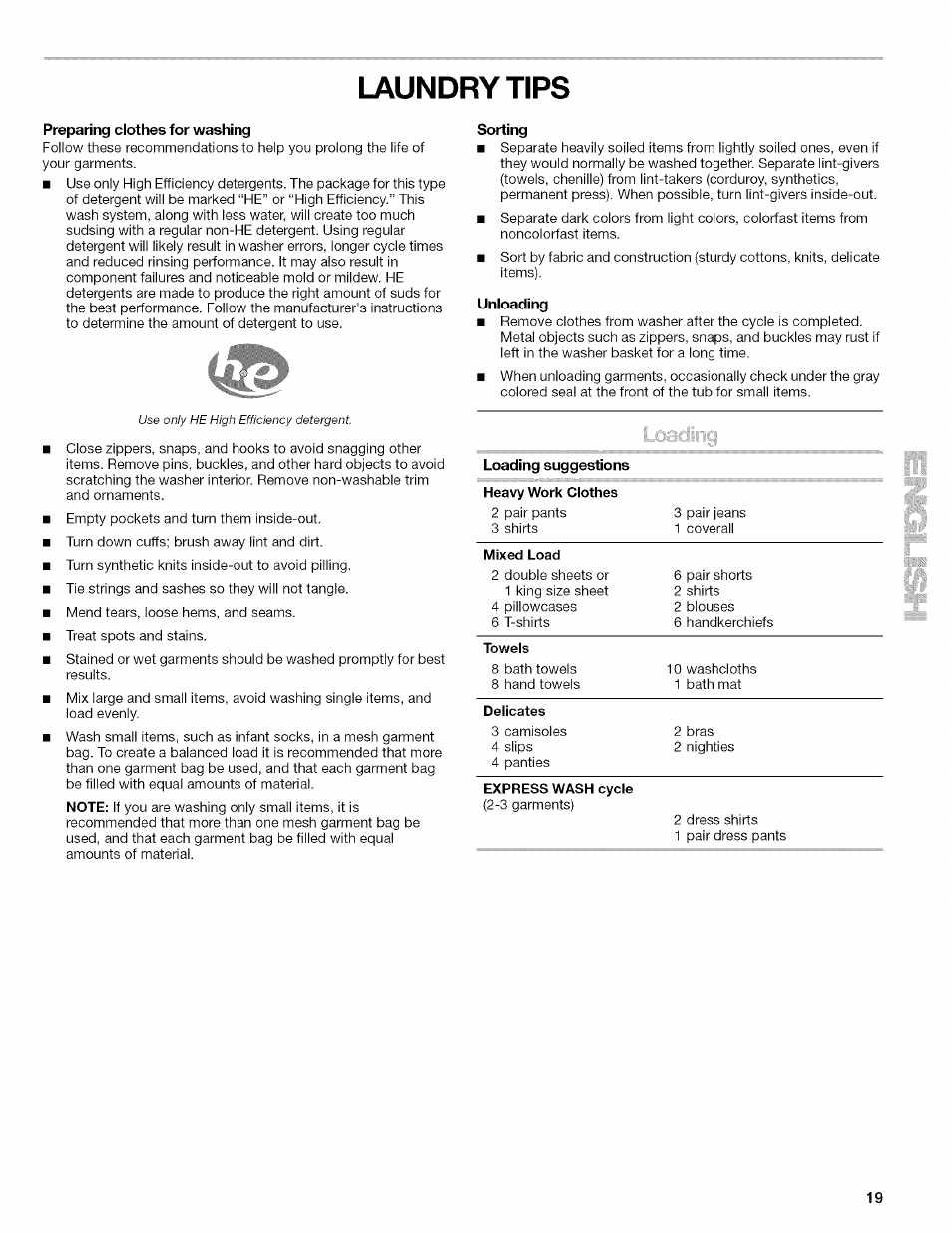 Laundry tips, Preparing clothes for washing, Sorting | Unloading, Loading | Kenmore HE2 PLUS User Manual | Page 19 / 80