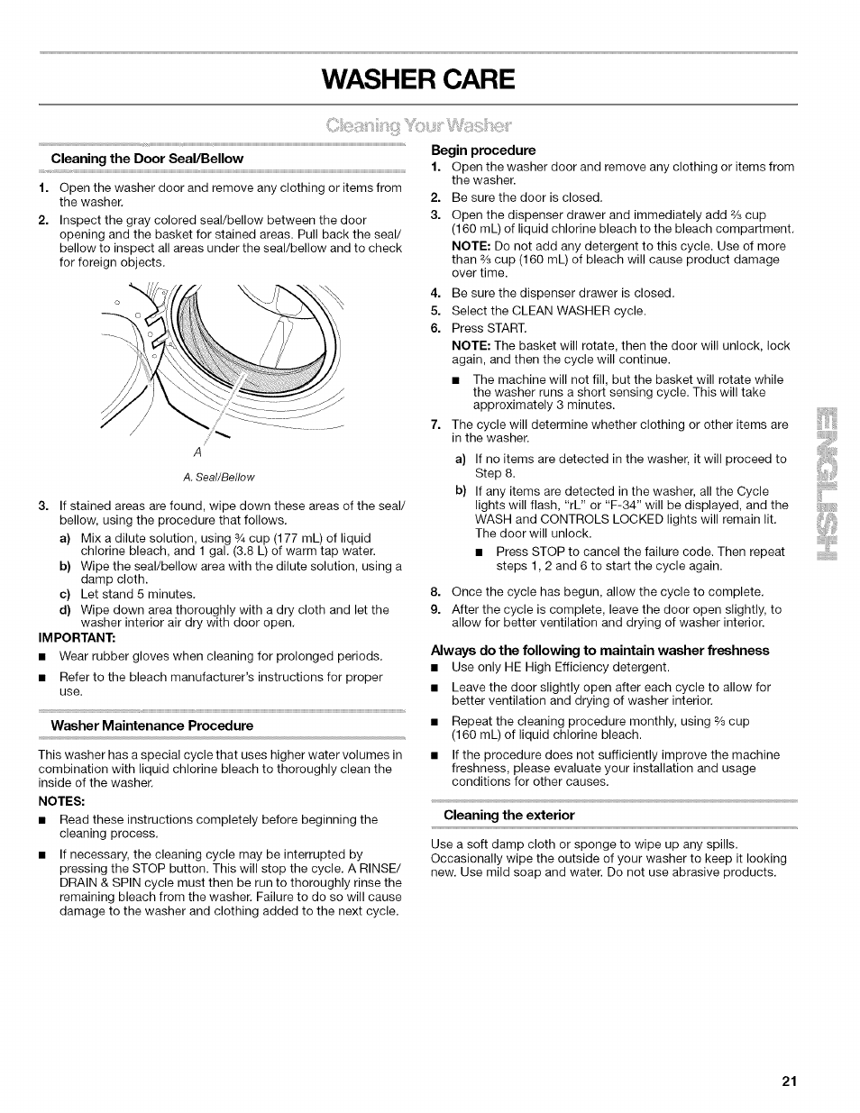 Washer care, Cleaning the door seal/bellow, Washer maintenance procedure | Begin procedure, Cleaning the exterior | Kenmore HE2 PLUS User Manual | Page 21 / 80