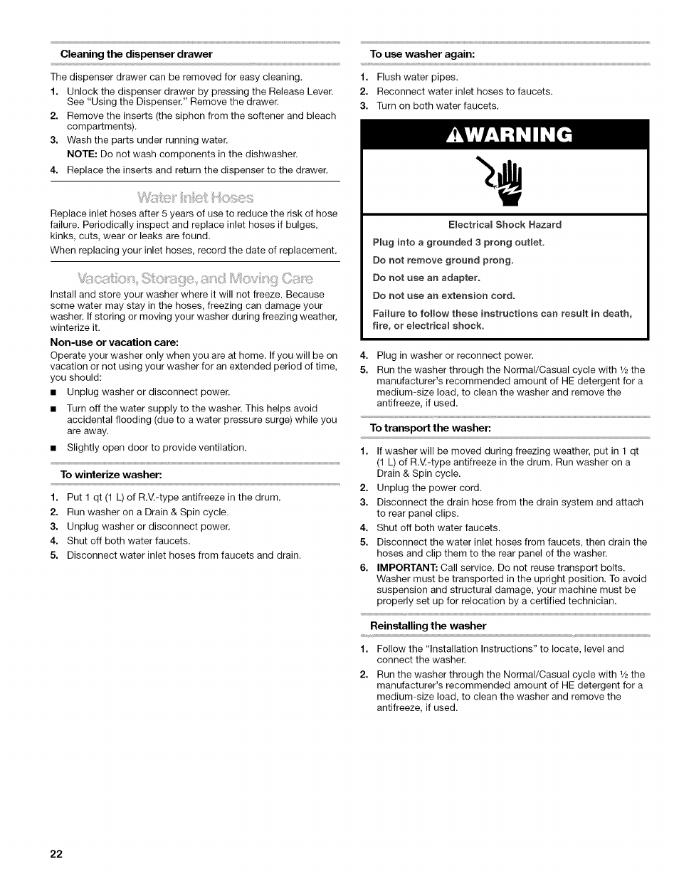 Warning | Kenmore HE2 PLUS User Manual | Page 22 / 80