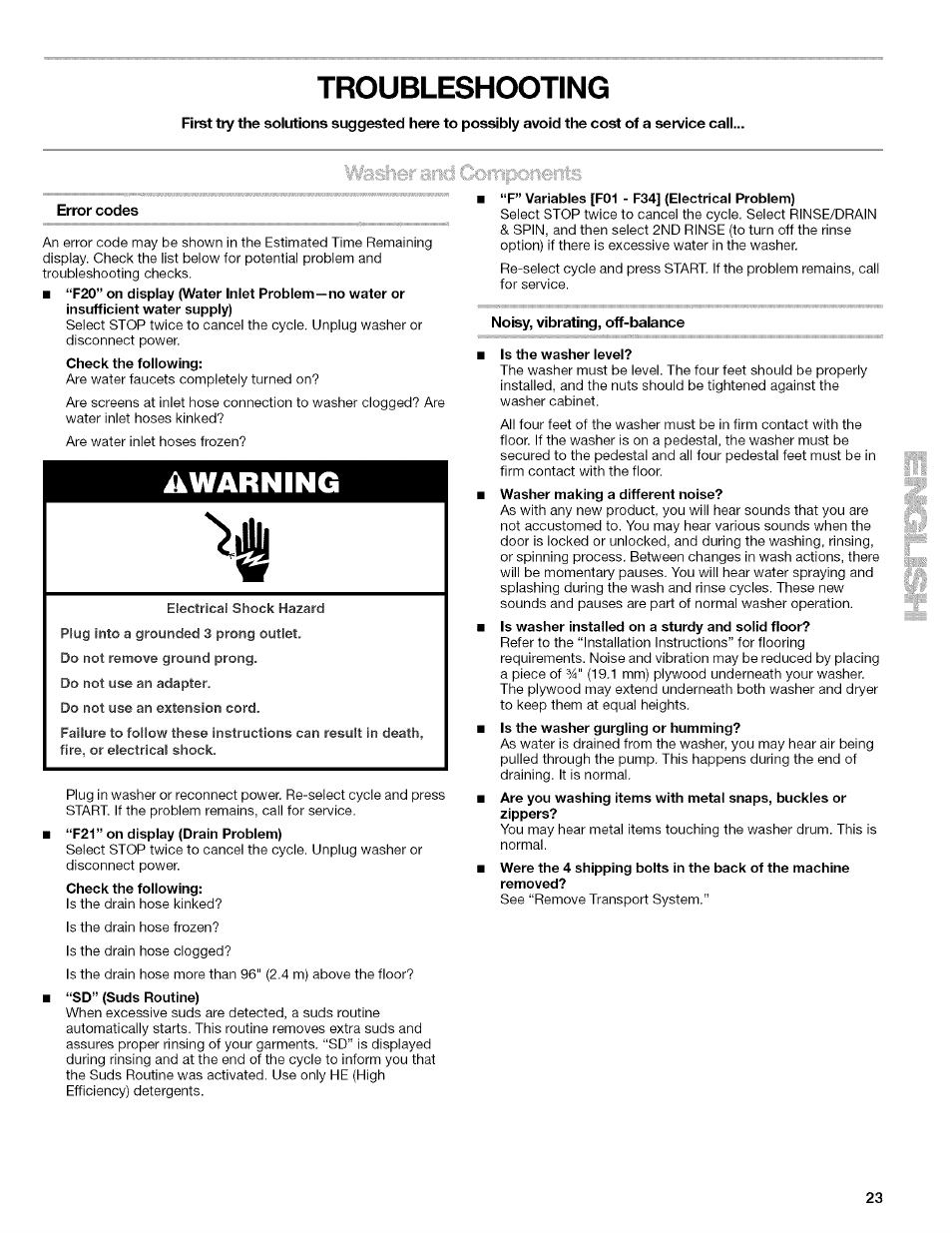 Troubleshooting, Awarning | Kenmore HE2 PLUS User Manual | Page 23 / 80