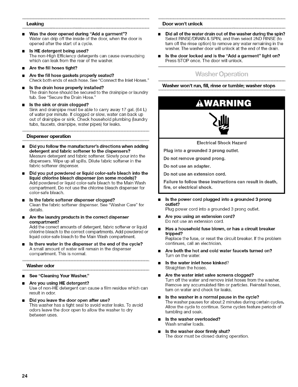 Dispenser operation, Washer odor, Warning | Washer operation | Kenmore HE2 PLUS User Manual | Page 24 / 80