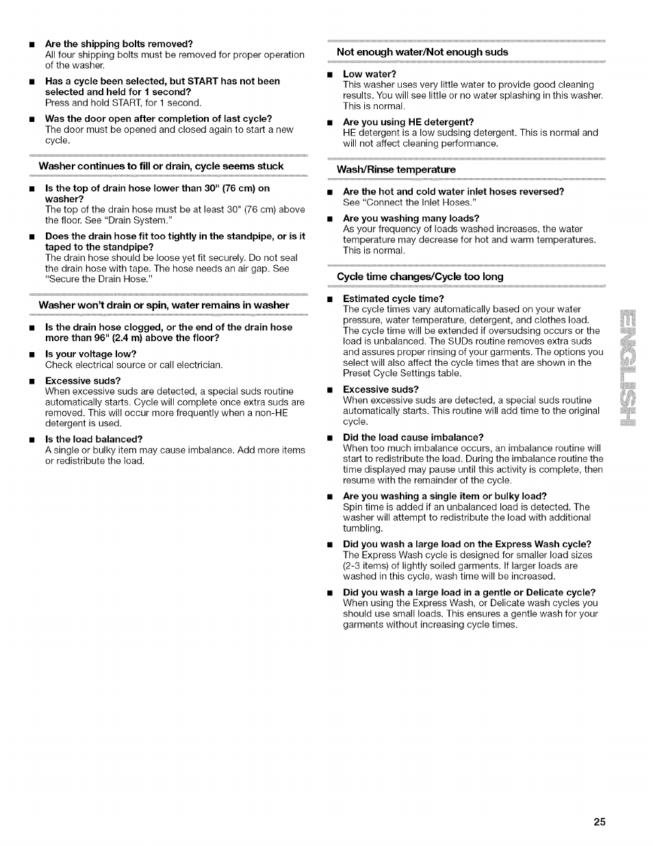 Not enough water/not enough suds, Wash/rinse temperature, Cycle time changes/cycle too long | Kenmore HE2 PLUS User Manual | Page 25 / 80
