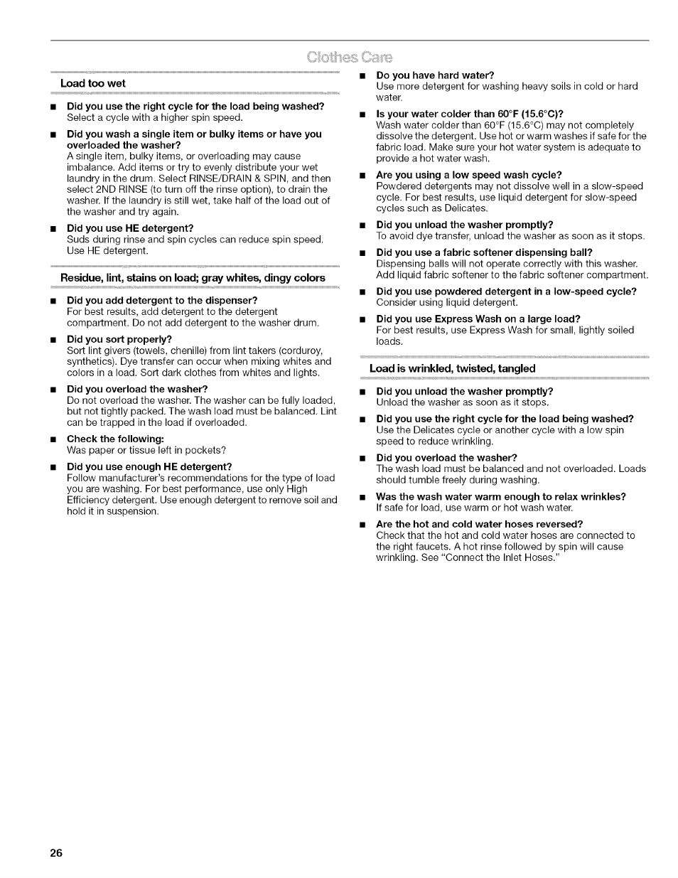Load too wet, Load is wrinkled, twisted, tangled | Kenmore HE2 PLUS User Manual | Page 26 / 80