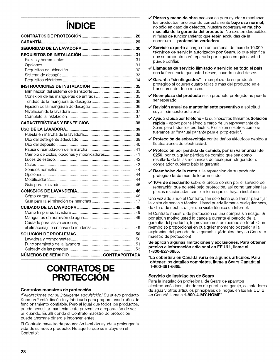 Indice, Contratos de protección, Contratos maestros de protección | Kenmore HE2 PLUS User Manual | Page 28 / 80
