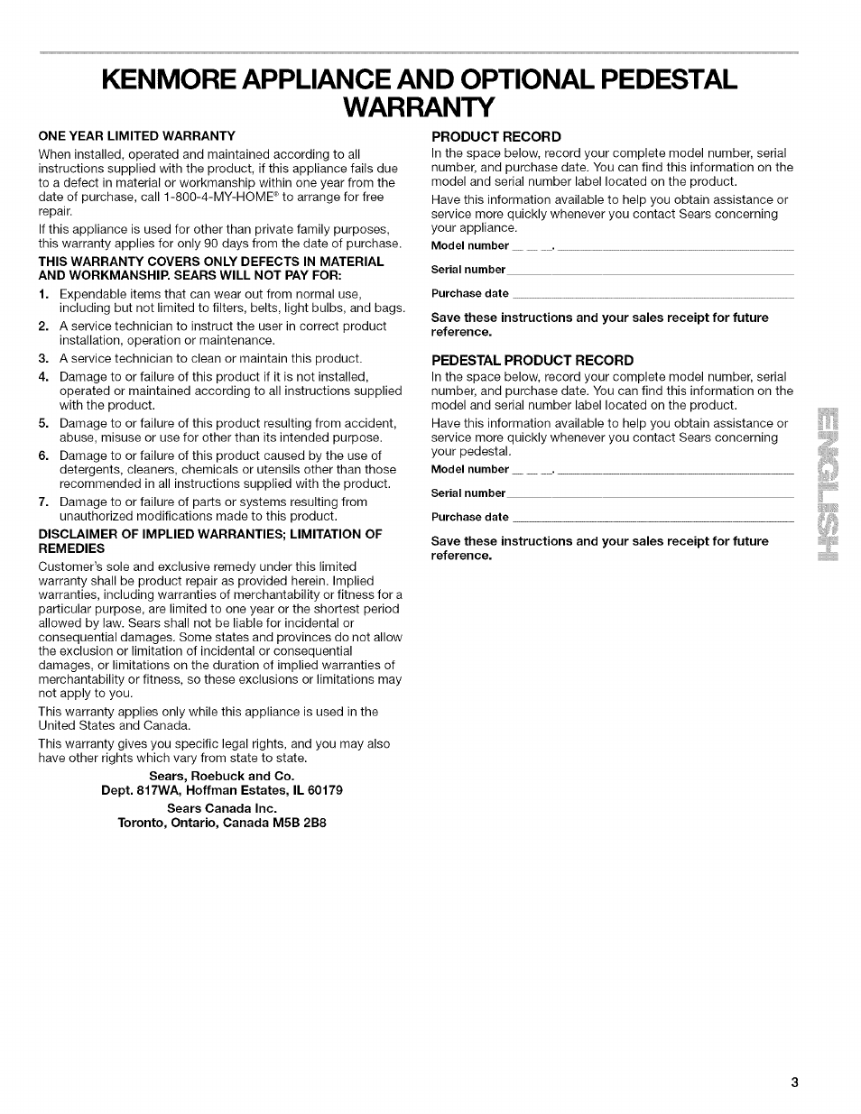 Kenmore appliance and optional pedestal, Warranty, Kenmore appliance and optional pedestal warranty | Kenmore HE2 PLUS User Manual | Page 3 / 80