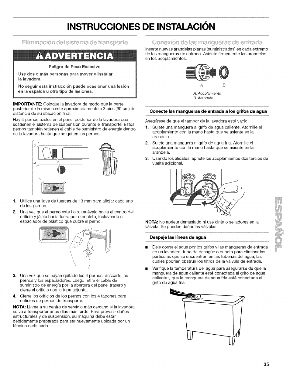 Instrucciones de instalacion, Aadvertenci, Despeje las líneas de agua | Instrucciones de instalación | Kenmore HE2 PLUS User Manual | Page 35 / 80
