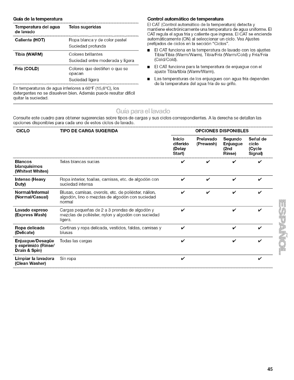 Guía de la temperatura, Control automático de temperatura | Kenmore HE2 PLUS User Manual | Page 45 / 80