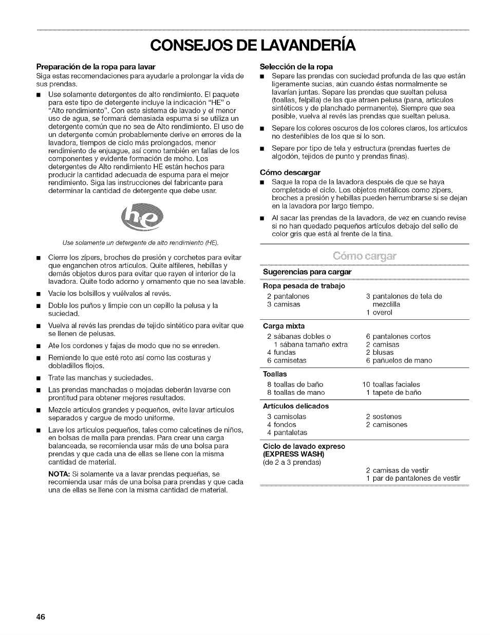 Consejos de lavanderia, Consejos de lavandería | Kenmore HE2 PLUS User Manual | Page 46 / 80
