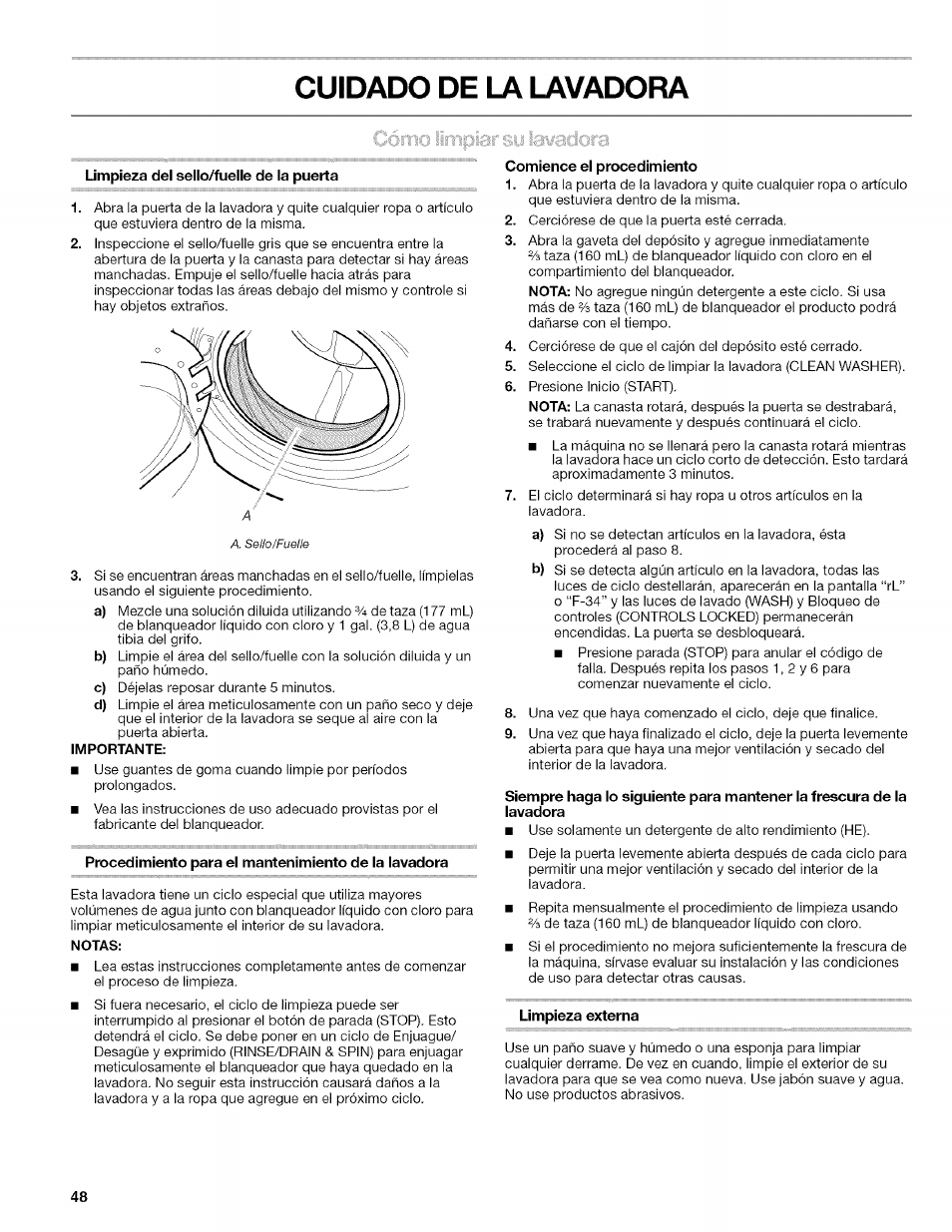 Cuidado de la lavadora, Limpieza del sello/fuelle de la puerta, Procedimiento para el mantenimiento de la lavadora | Comience el procedimiento, Limpieza externa | Kenmore HE2 PLUS User Manual | Page 48 / 80
