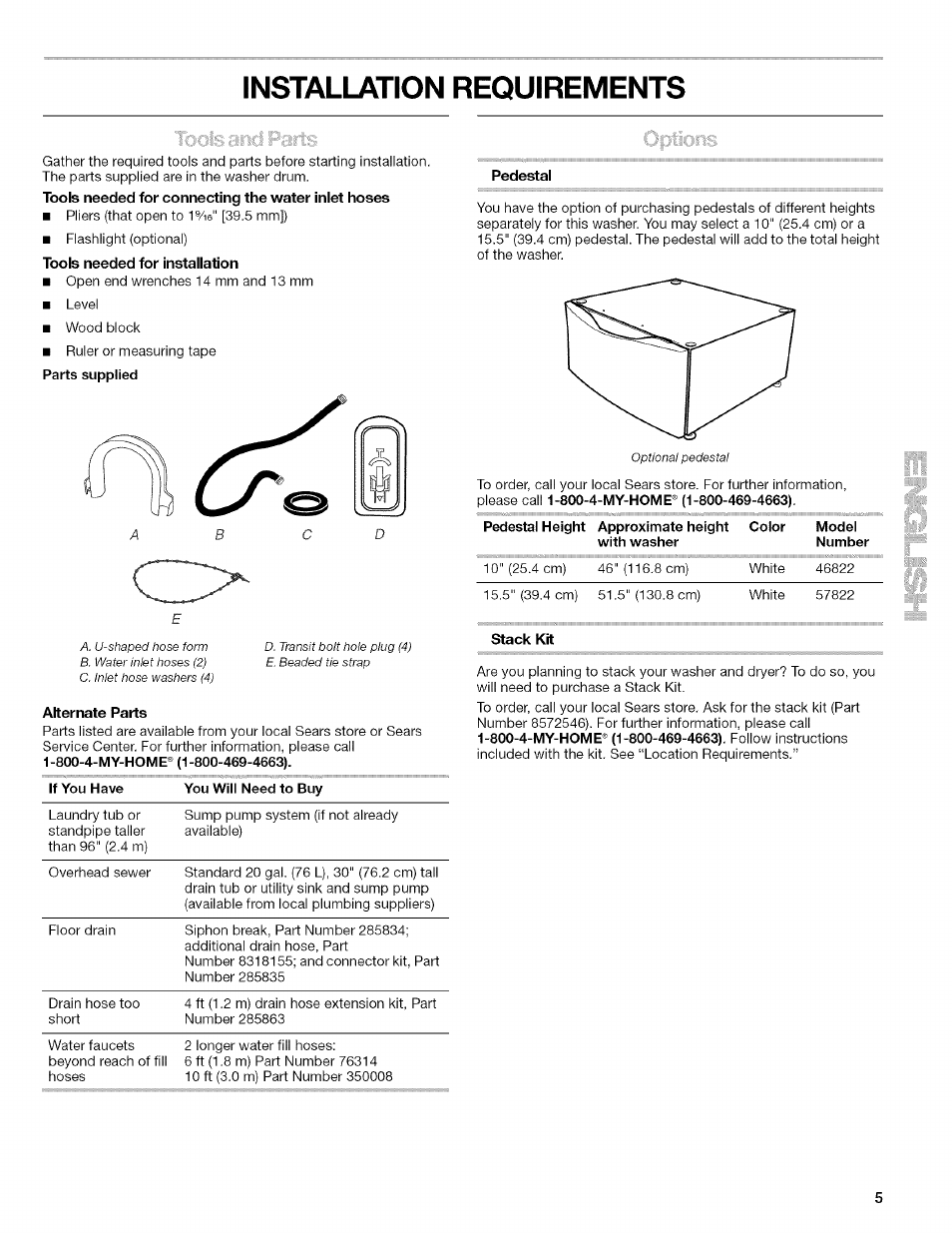 Installation requirements, Tools needed for installation, Pedestal | Stack kit | Kenmore HE2 PLUS User Manual | Page 5 / 80