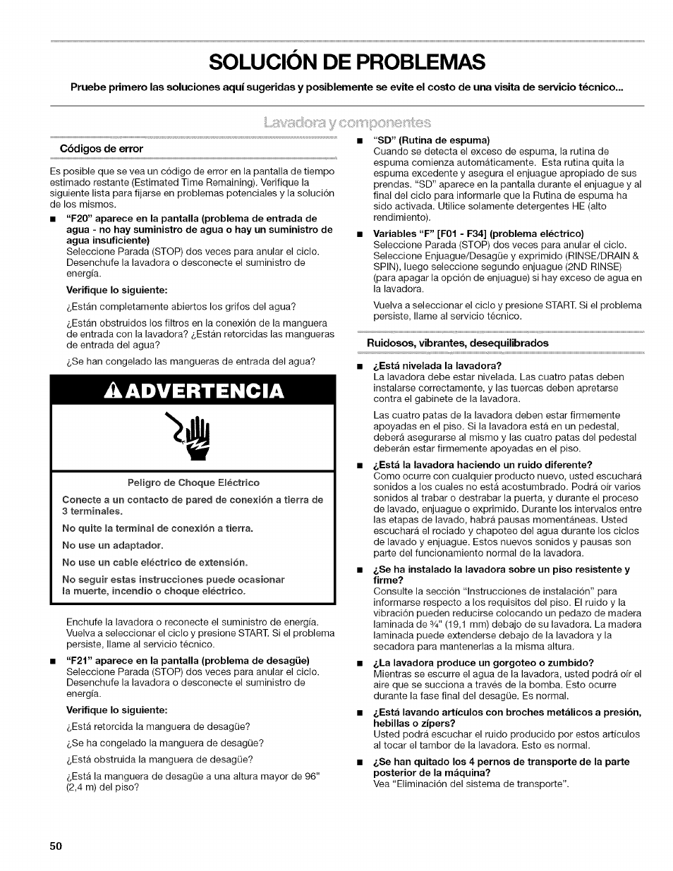 Solucion de problemas, À advertencia, Solución de problemas | Kenmore HE2 PLUS User Manual | Page 50 / 80