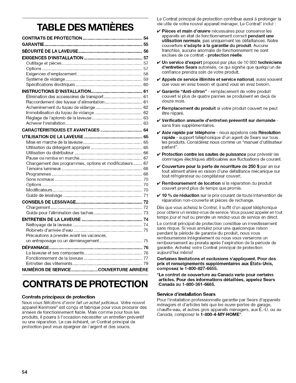 Table des matieres, Contrats de protection | Kenmore HE2 PLUS User Manual | Page 54 / 80