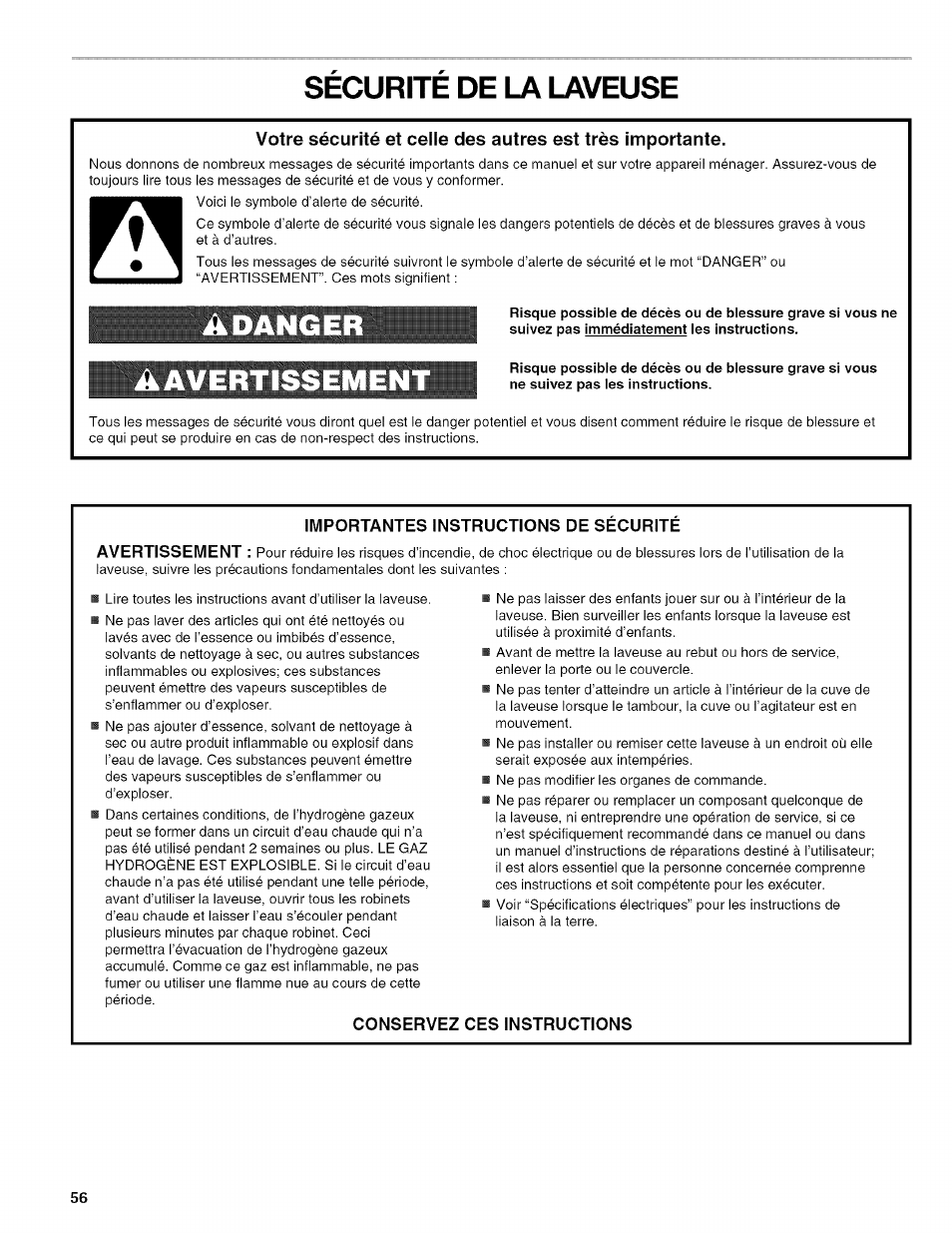 Securite de la laveuse, Adanger, Ertissemen | Kenmore HE2 PLUS User Manual | Page 56 / 80