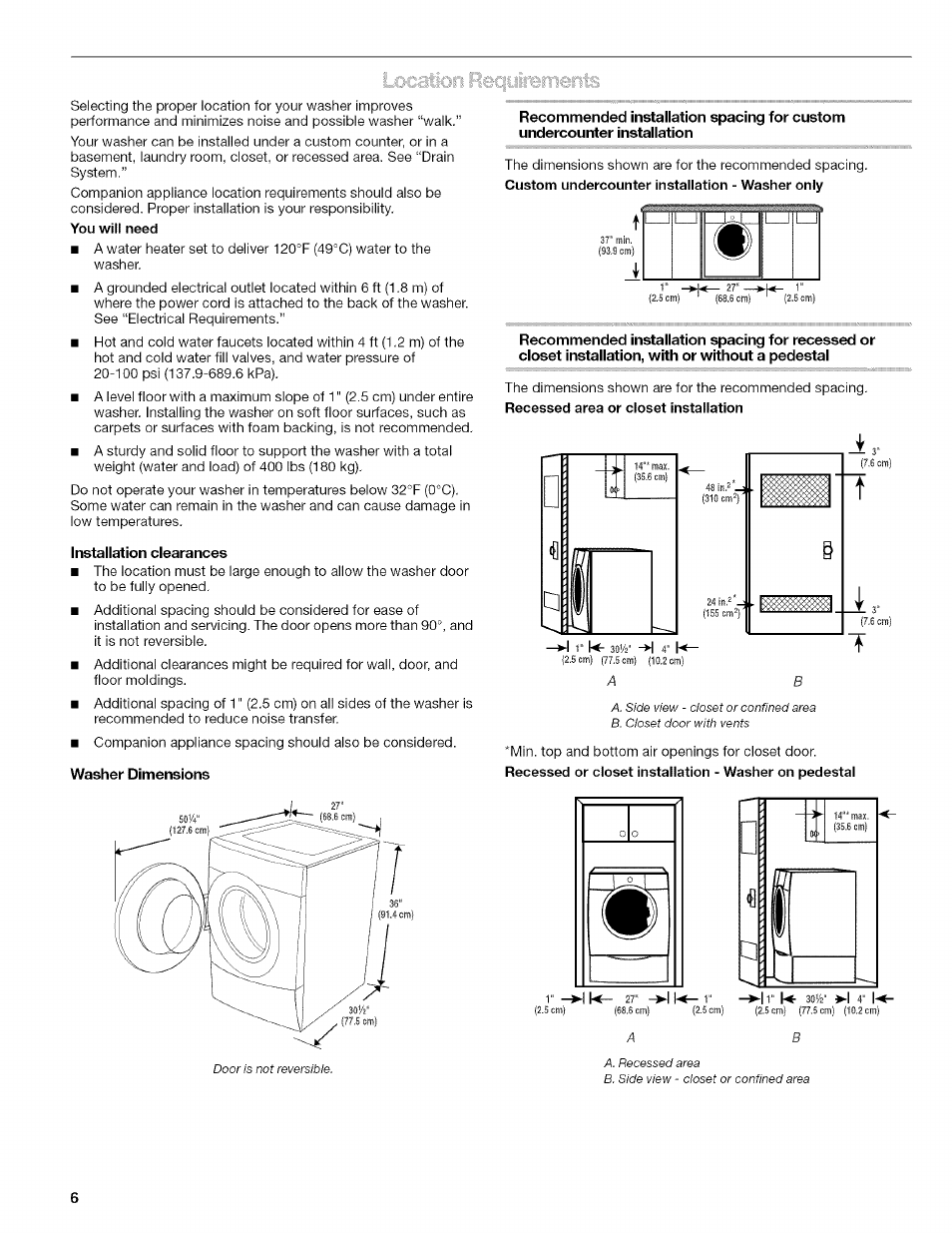 Installation clearances | Kenmore HE2 PLUS User Manual | Page 6 / 80