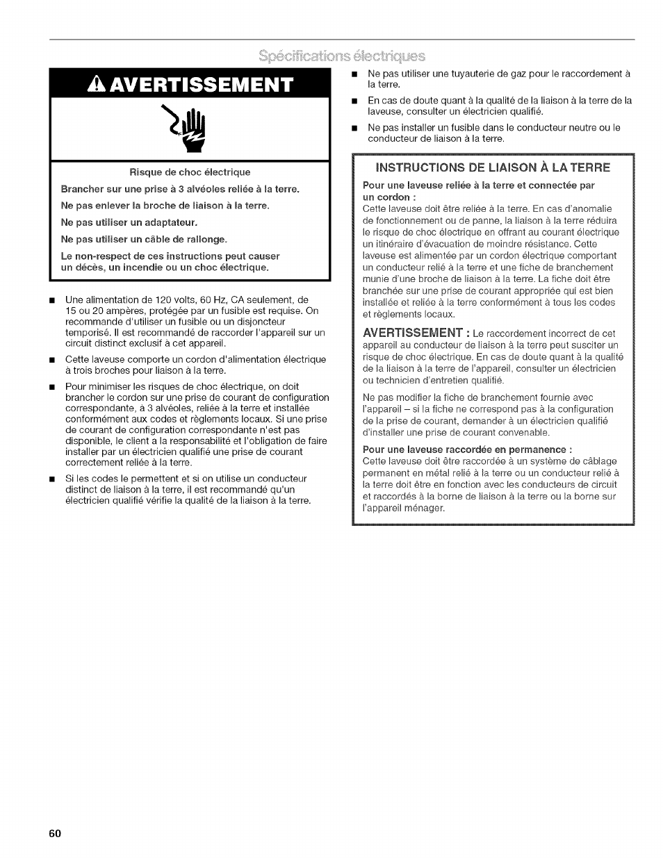 A avertissement | Kenmore HE2 PLUS User Manual | Page 60 / 80