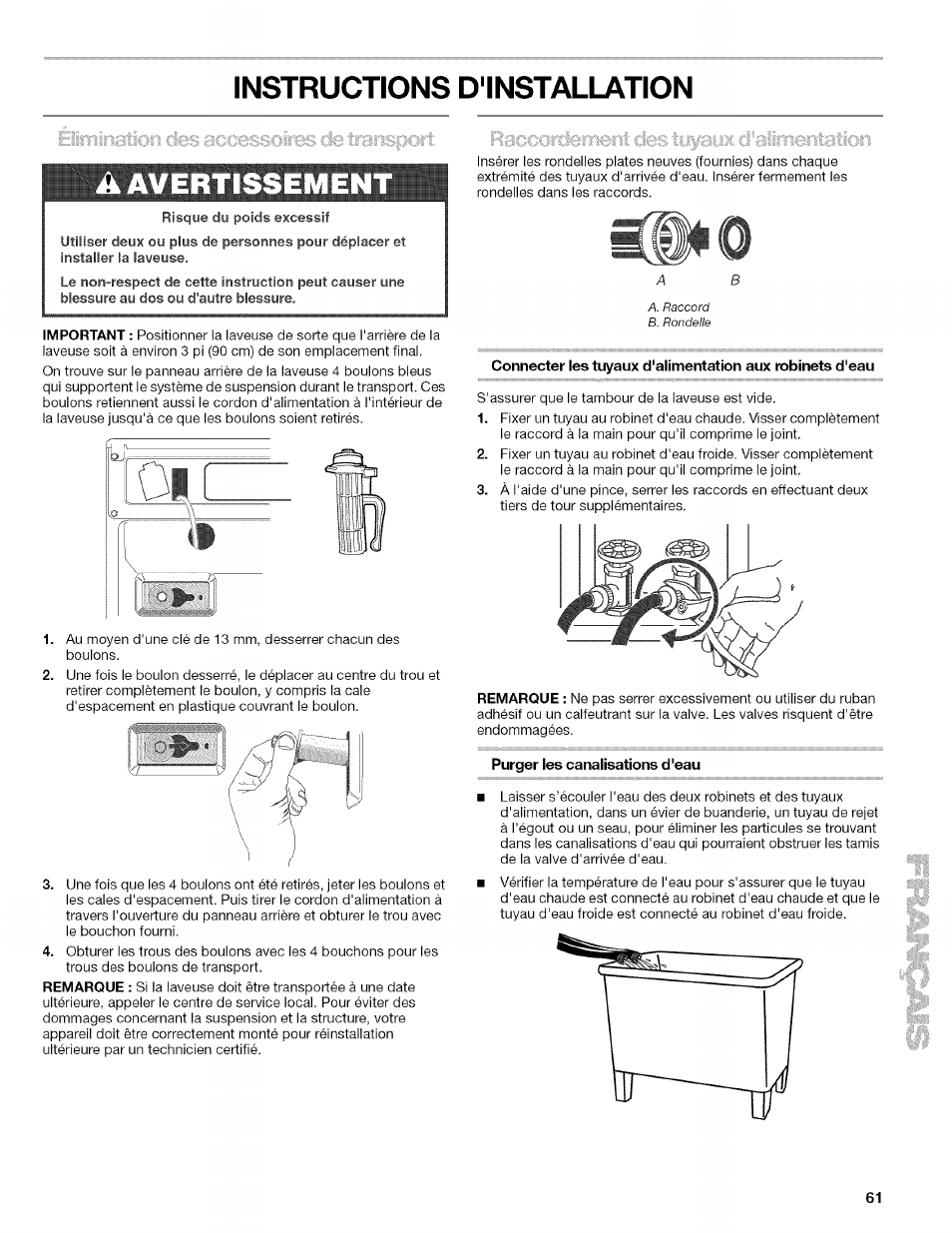 Instructions d'installation, Aavertissemen | Kenmore HE2 PLUS User Manual | Page 61 / 80