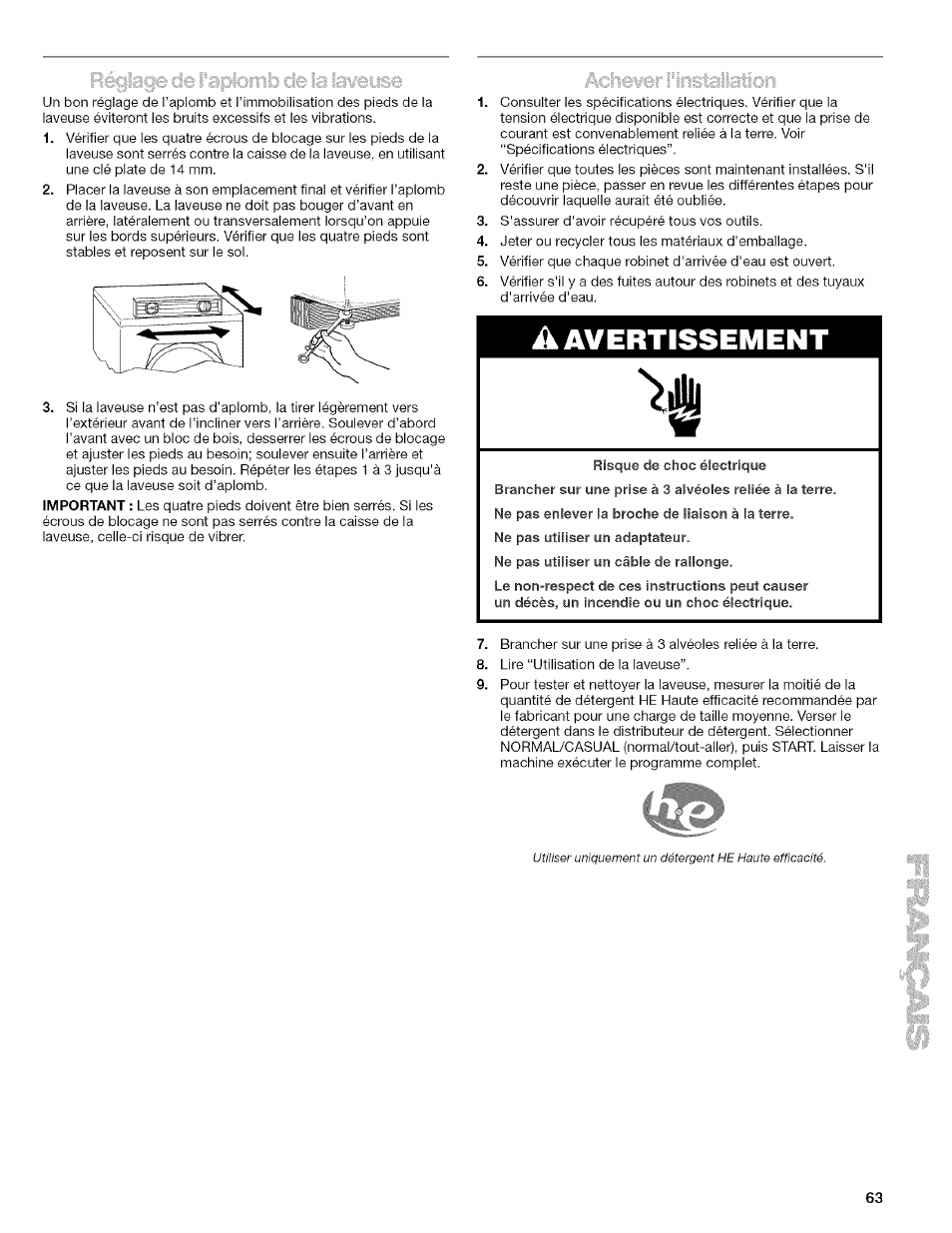 A avertissement, Avertissement | Kenmore HE2 PLUS User Manual | Page 63 / 80