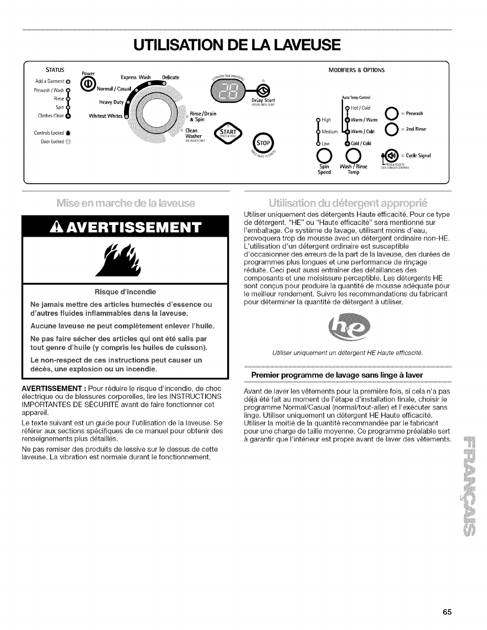 Utiusation de la laveuse, À avertissement, Premier programme de lavage sans linge à laver | Utilisation de la laveuse | Kenmore HE2 PLUS User Manual | Page 65 / 80