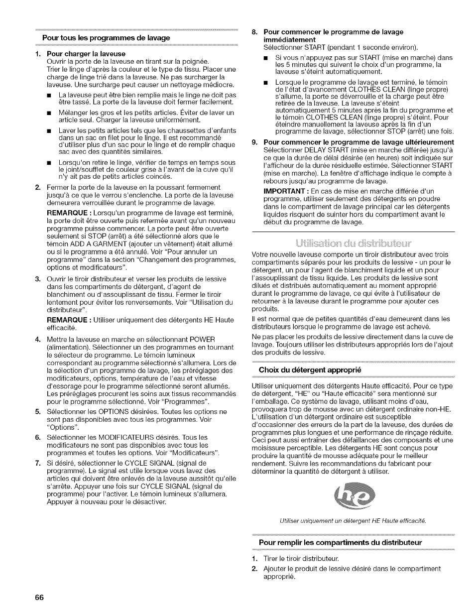 Pour tous les programmes de lavage, Choix du détergent approprié, Pour remplir les compartiments du distributeur | Utilisation du détergent approprié | Kenmore HE2 PLUS User Manual | Page 66 / 80