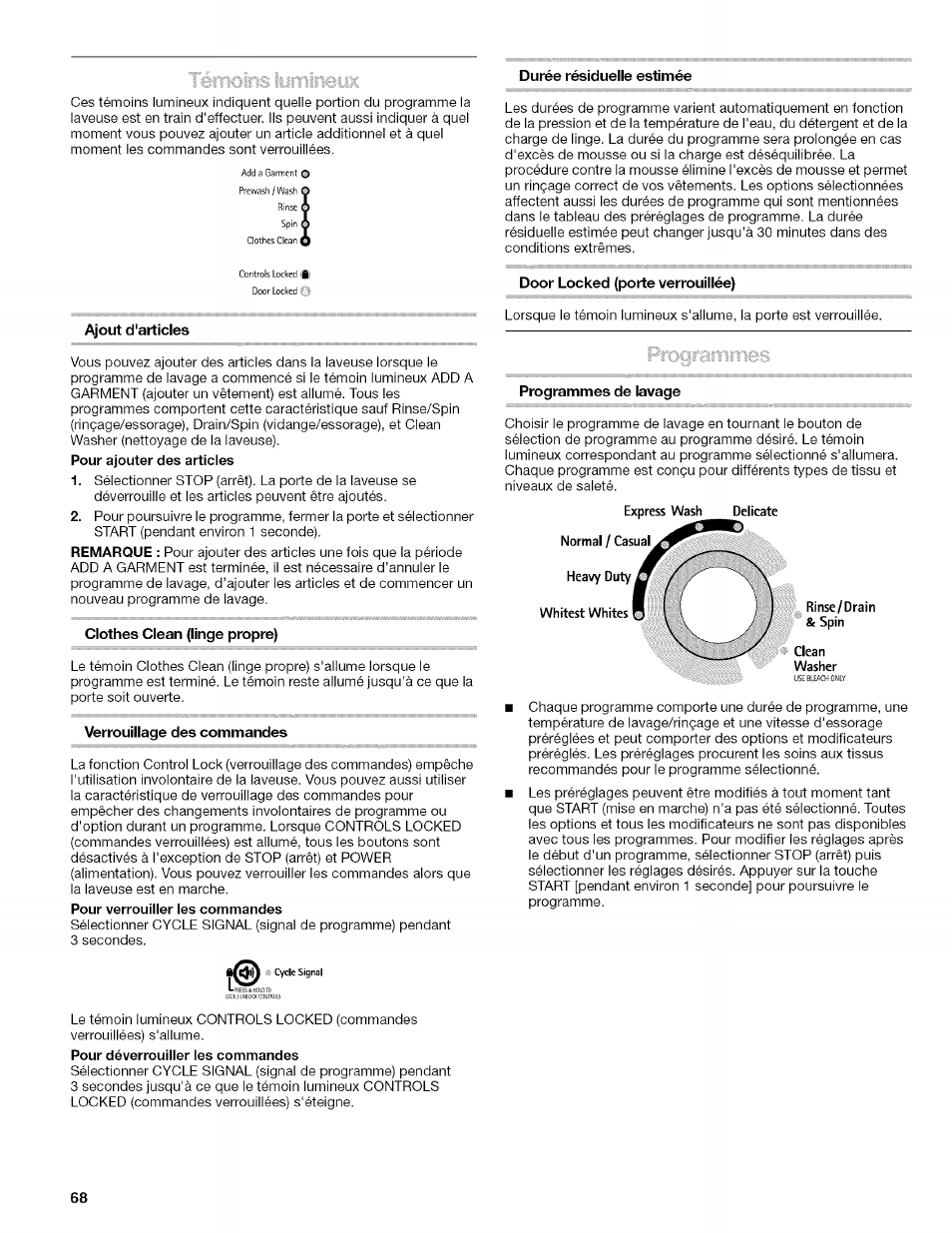 Durée résiduelle estimée, Ajout d'articles, Ciothes ciean (iinge propre) | Verrouiiiage des commandes, Door locked (porte verrouillée), Programmes de lavage | Kenmore HE2 PLUS User Manual | Page 68 / 80