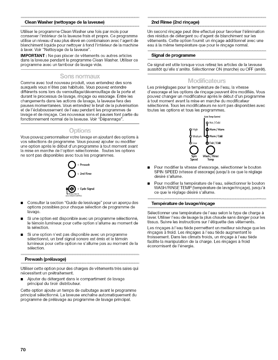 Clean washer (nettoyage de la laveuse), 2nd rinse (2nd rinçage), Signal de programme | Température de lavage/rinçage, Prewash (prélavage) | Kenmore HE2 PLUS User Manual | Page 70 / 80
