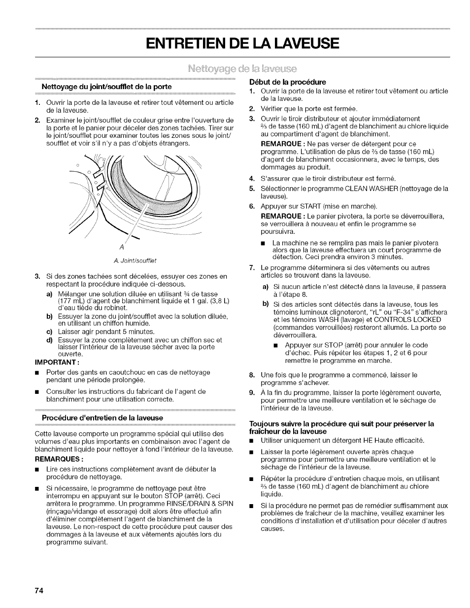 Entretien de la laveuse, Nettoyage du joint/soufflet de la porte, Début de la procédure | Kenmore HE2 PLUS User Manual | Page 74 / 80