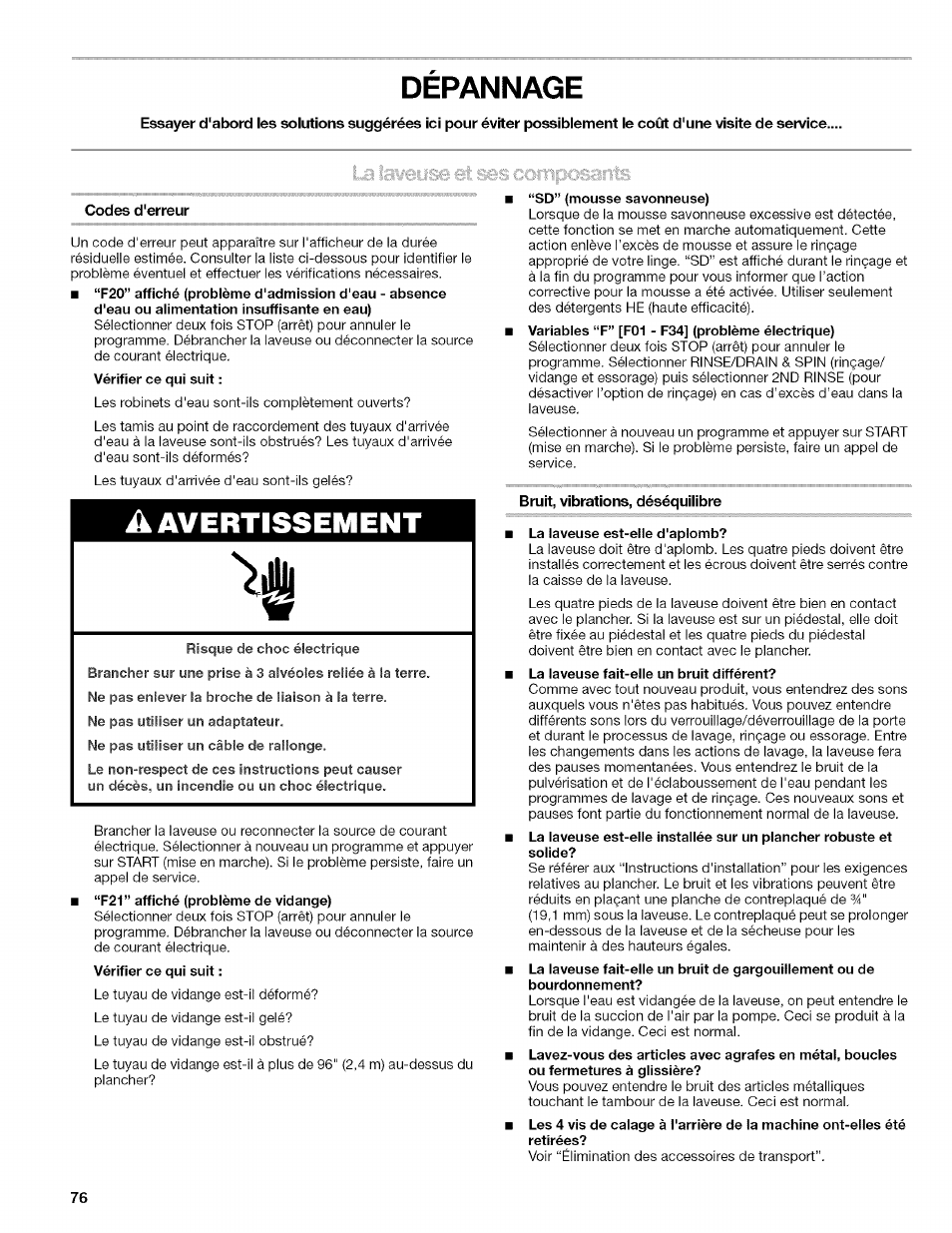 Depannage, Codes d'erreur, À avertissement | Dépannage | Kenmore HE2 PLUS User Manual | Page 76 / 80