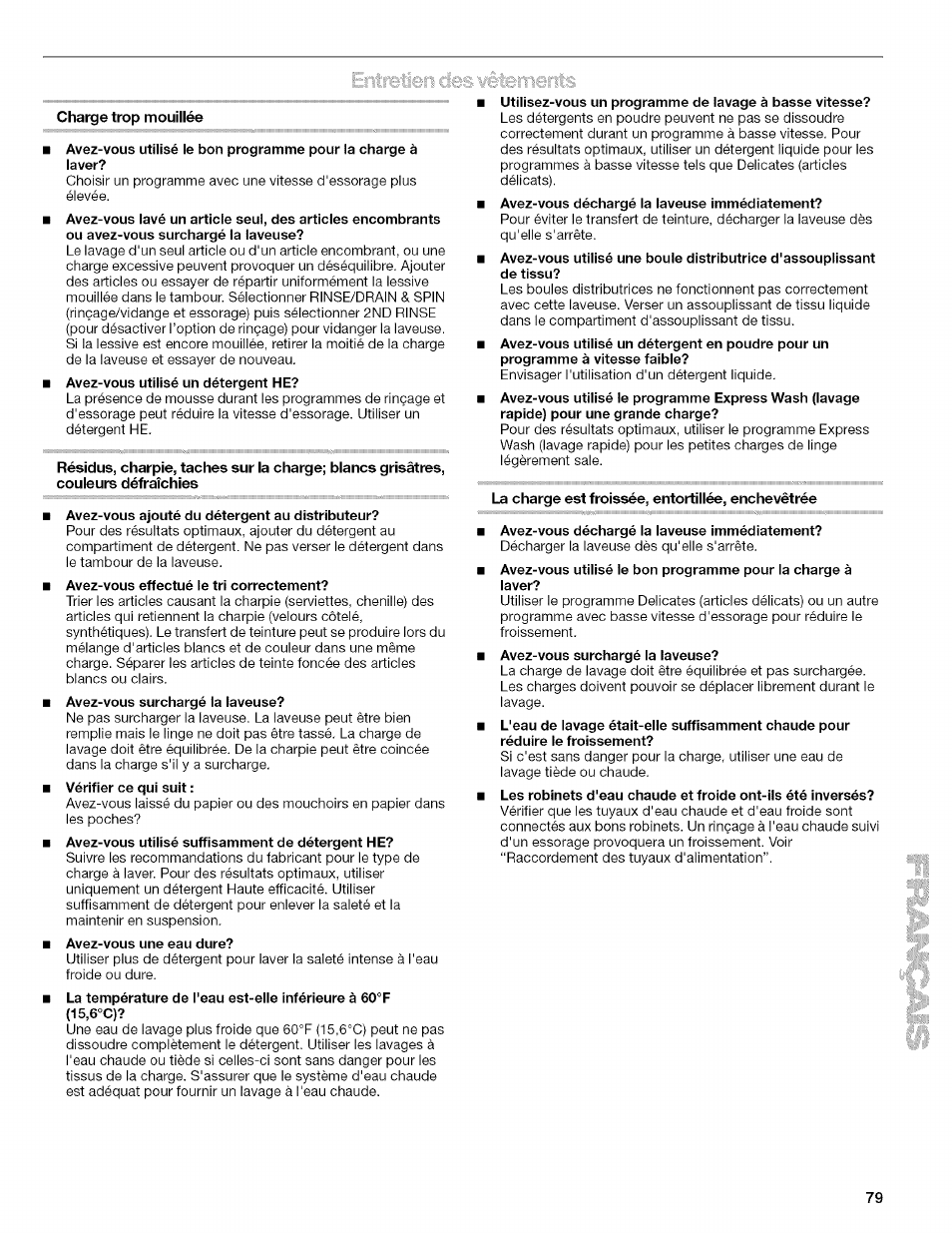 Charge trop mouillée, La charge est froissée, entortillée, enchevêtrée | Kenmore HE2 PLUS User Manual | Page 79 / 80