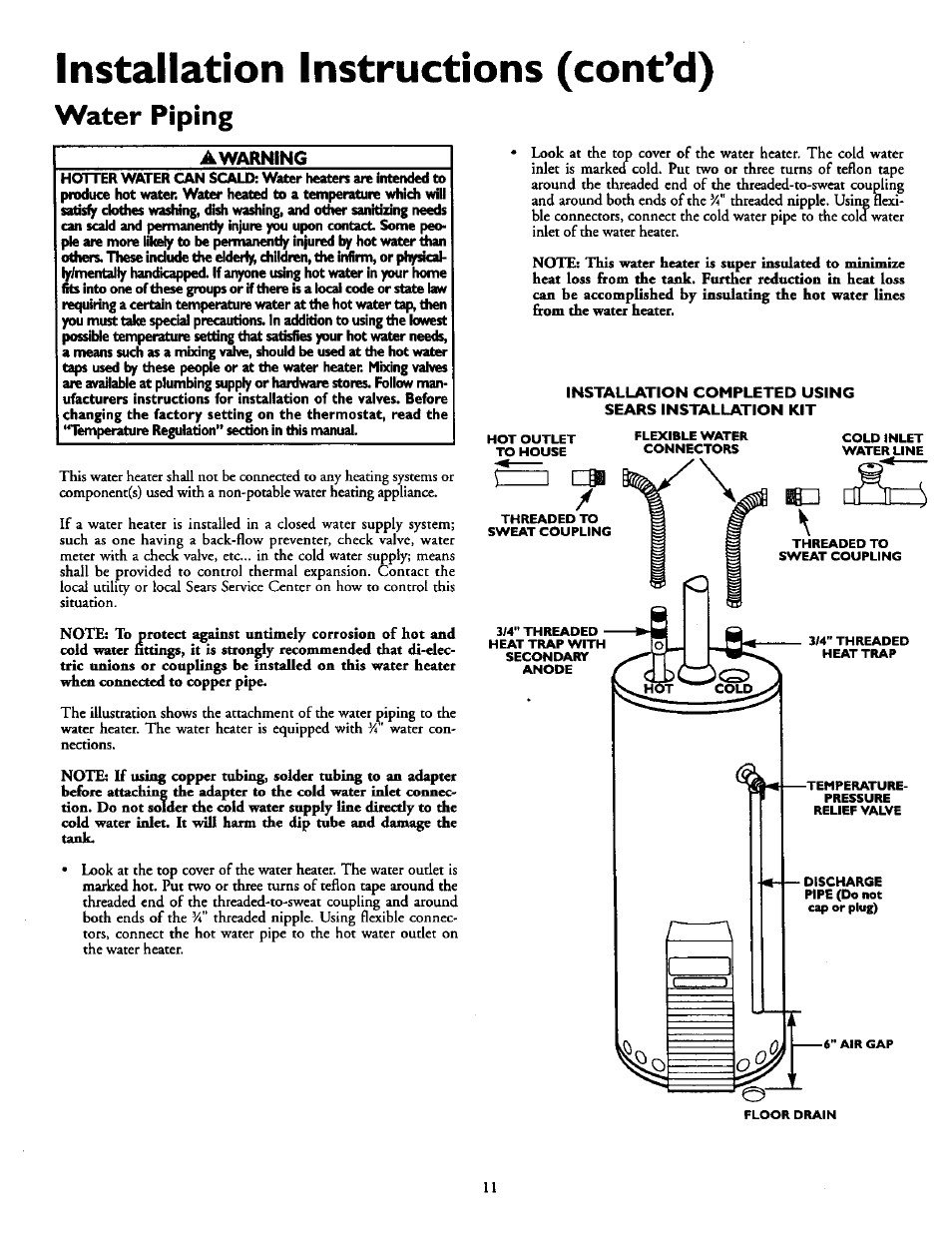 Installation instructions (cont*d), Water piping | Kenmore POWER MISER 153.330551 User Manual | Page 11 / 28