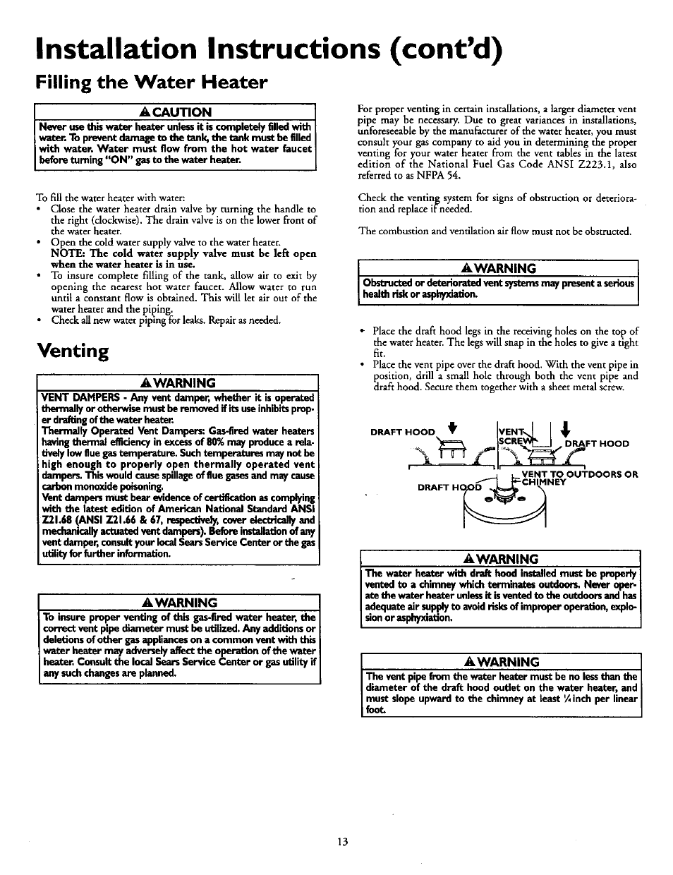 A caution, Venting, Awarning | Venting -14, Installation instructions (cont’d), Filling the water heater, Y. 1 | Kenmore POWER MISER 153.330551 User Manual | Page 13 / 28