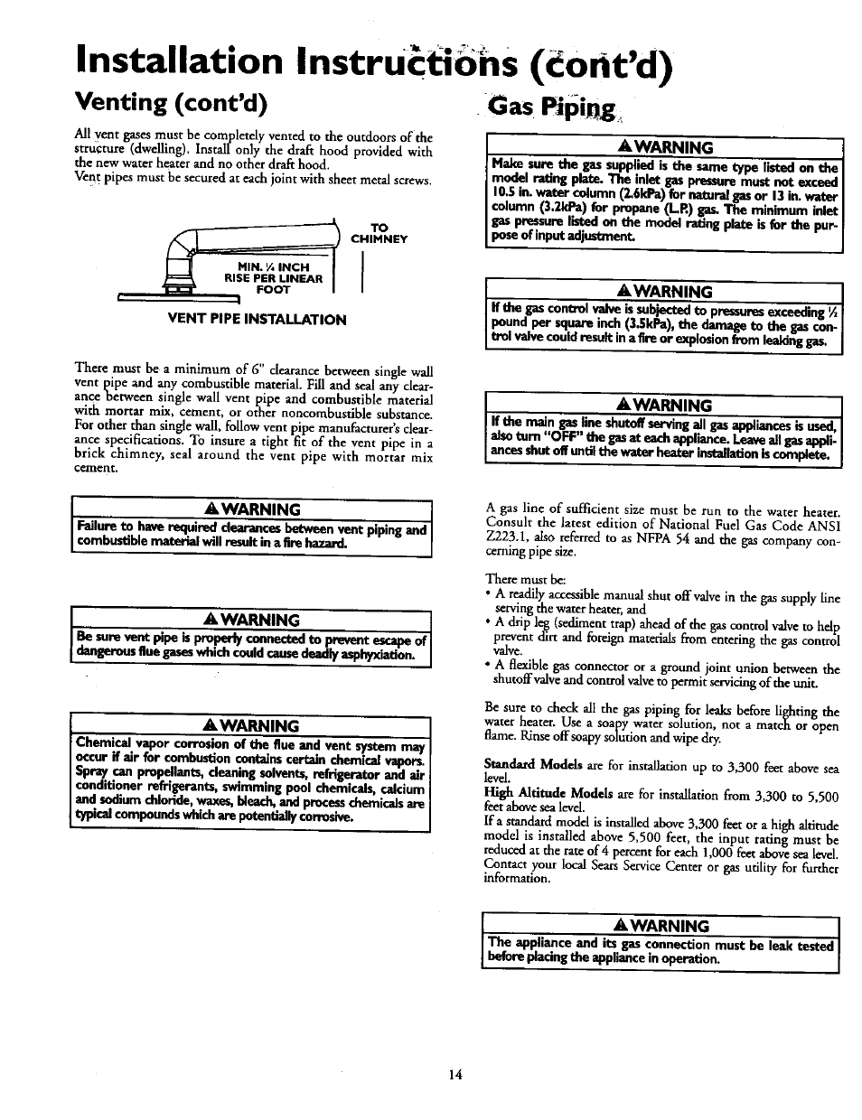 Venting (cont’d), Awarning, Installation instruètìòbs (¿oñt’d) | Gas р1р1щ | Kenmore POWER MISER 153.330551 User Manual | Page 14 / 28