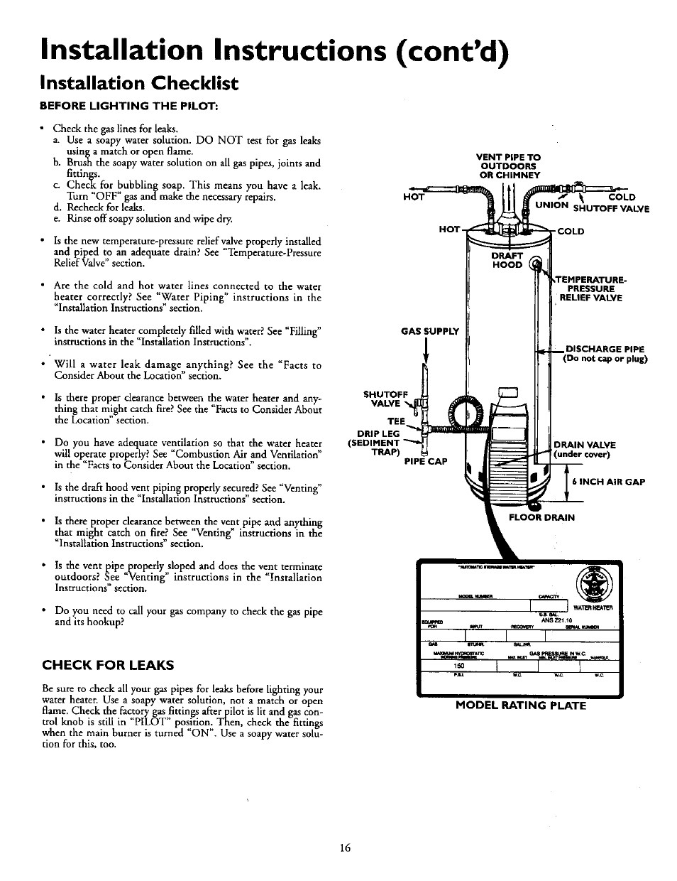 Installation checklist, Check for leaks, Installation instructions (cont’d) | Kenmore POWER MISER 153.330551 User Manual | Page 16 / 28