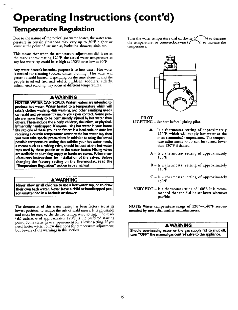 Operating instructions (cont’d), Temperature regulation, Awarning | Kenmore POWER MISER 153.330551 User Manual | Page 19 / 28