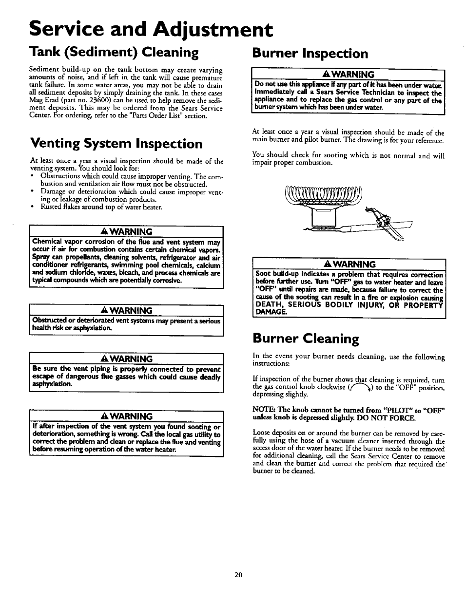 Service and adjustment, Tank (sediment) cleaning, Venting system inspection | Awarning, Burner inspection, Awarninct, Burner cleaning | Kenmore POWER MISER 153.330551 User Manual | Page 20 / 28