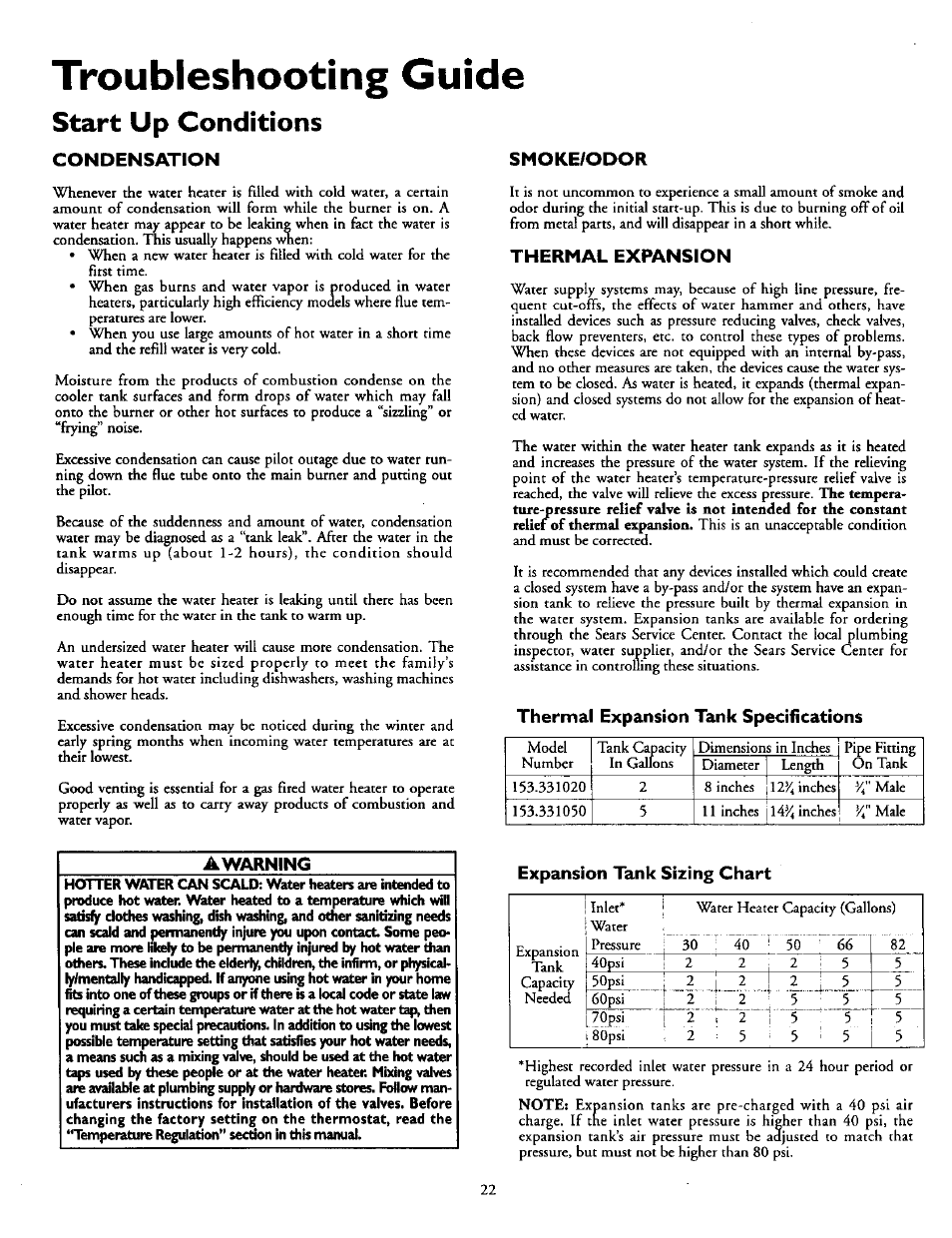 Start up conditions, Condensation, Smoke/odor | Thermal expansion, Thermal expansion tank specifications, Awarning, Expansion tank sizing chart, Thermal expansion -23, Troubleshooting guide | Kenmore POWER MISER 153.330551 User Manual | Page 22 / 28