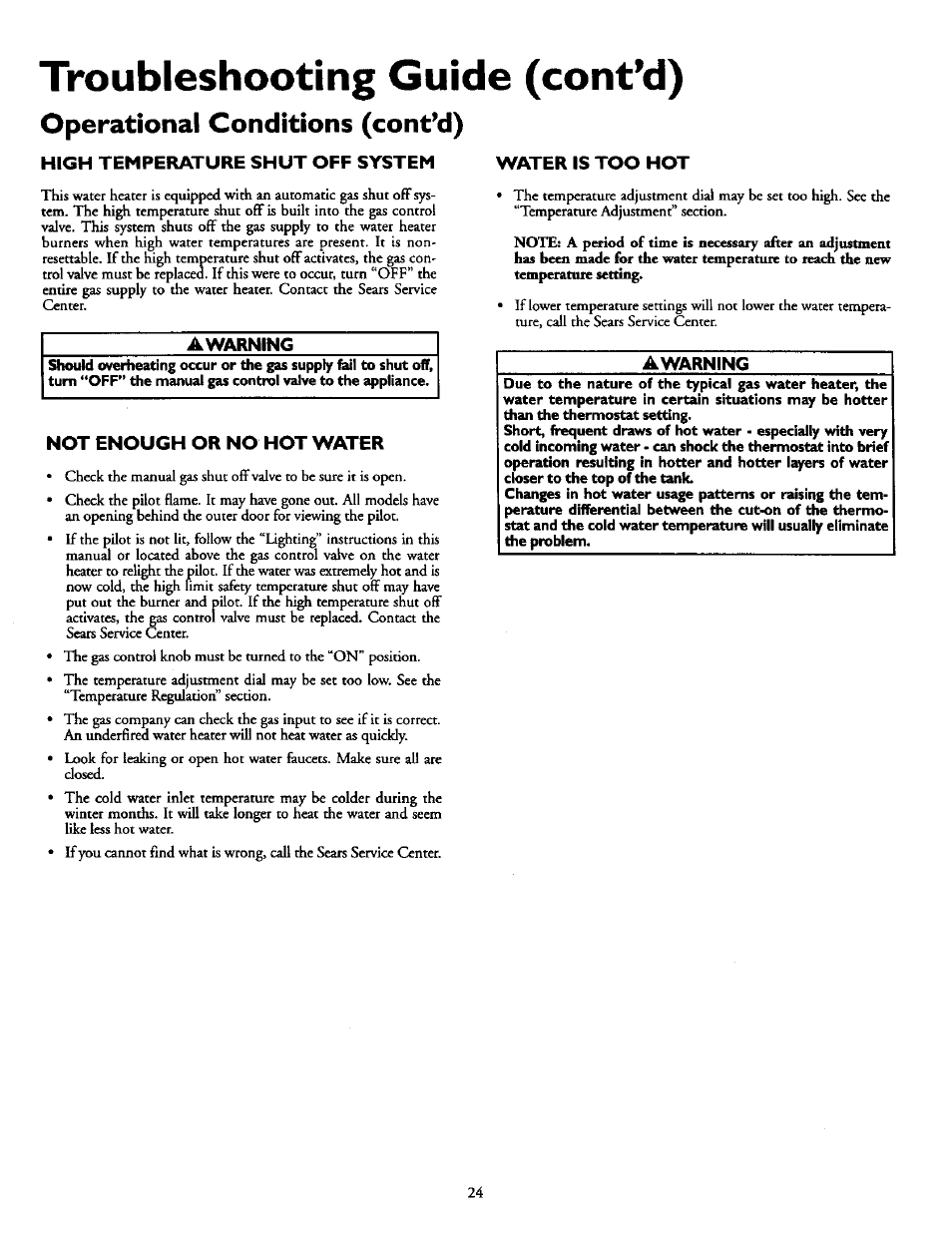 Operational conditions (cont’d), High temperature shut off system water is too hot, Awarning | Not enough or no hot water, Not enough hot water, Troubleshooting guide (cont’d) | Kenmore POWER MISER 153.330551 User Manual | Page 24 / 28