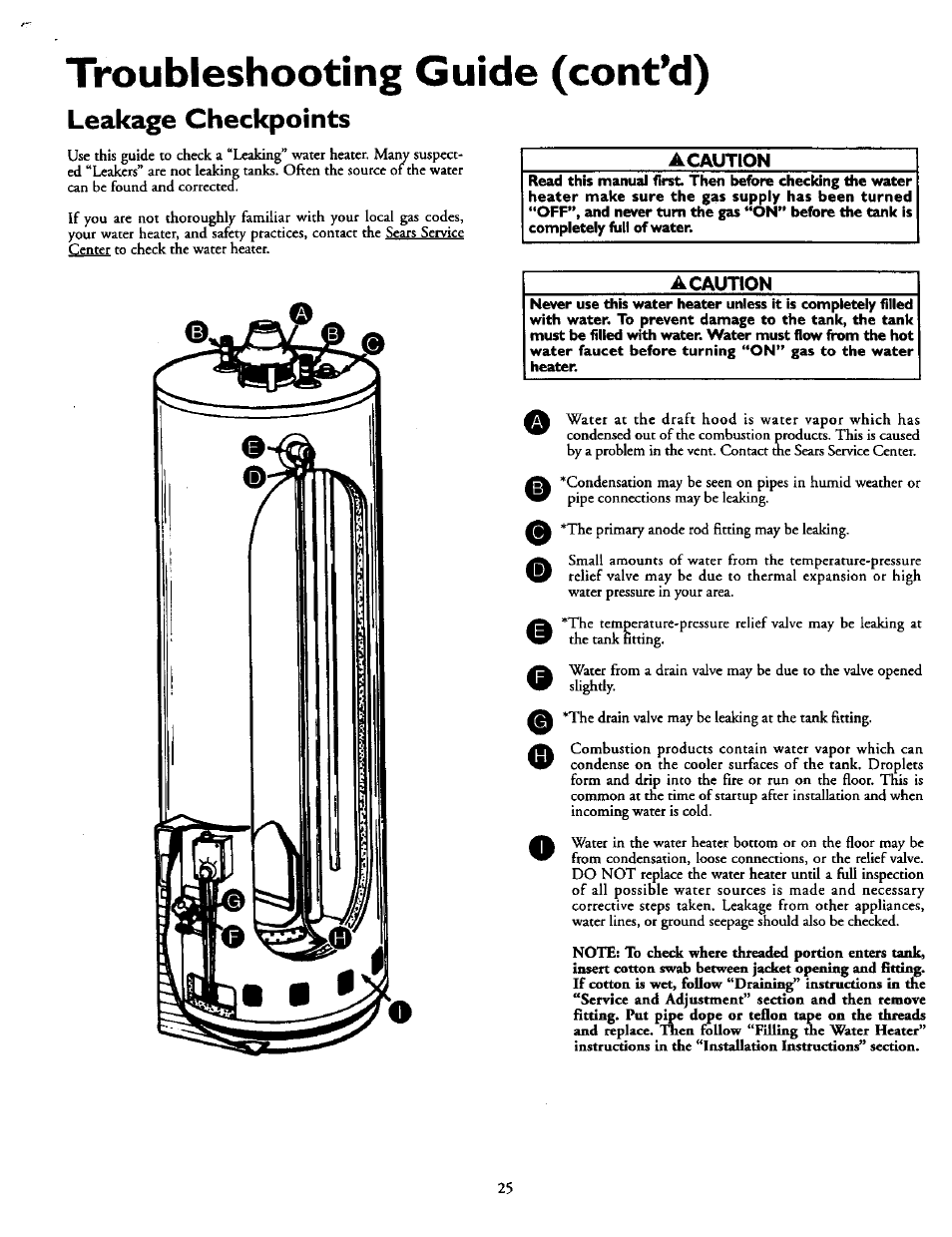 Leakage checkpoints, Acaution, Troubleshooting guide (cont*d) | Kenmore POWER MISER 153.330551 User Manual | Page 25 / 28