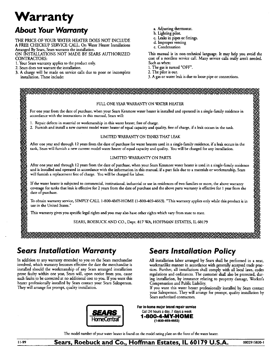 Warranty, About your warranty, Sears installation warranty | Sears installation policy | Kenmore POWER MISER 153.330551 User Manual | Page 28 / 28