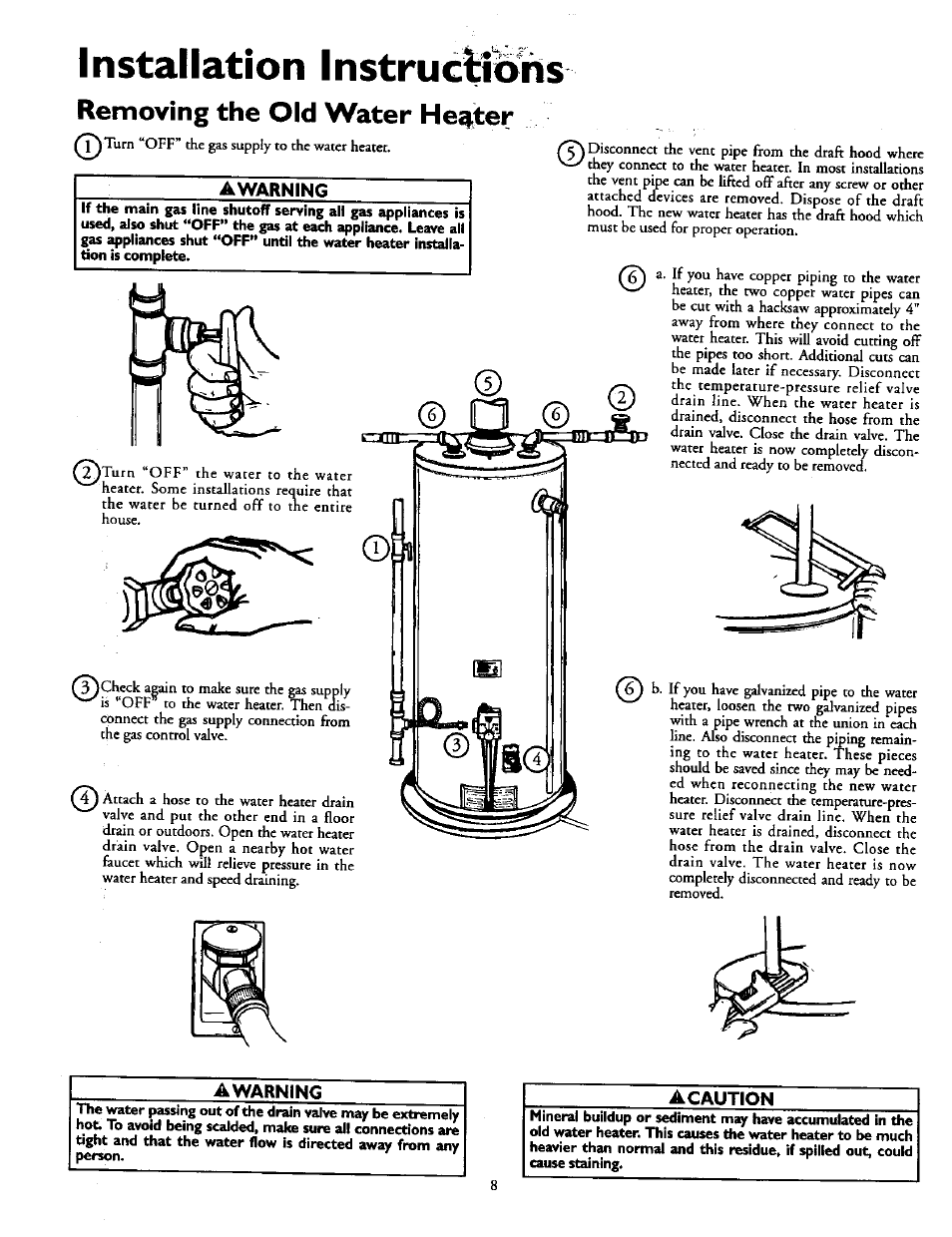 Awarning, A caution, Installation instructions | Removing the old water hester | Kenmore POWER MISER 153.330551 User Manual | Page 8 / 28