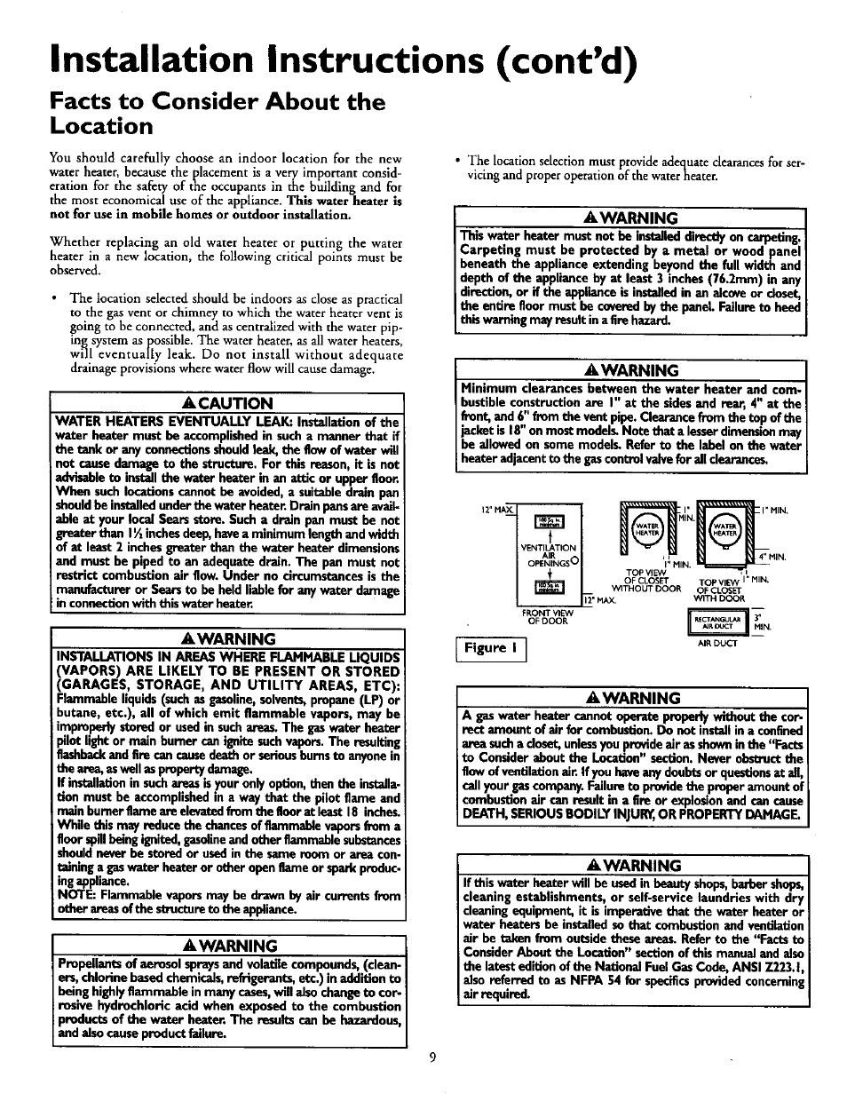 Facts to consider about the location, Acaution, Awarning | Installation instructions (cont’d) | Kenmore POWER MISER 153.330551 User Manual | Page 9 / 28