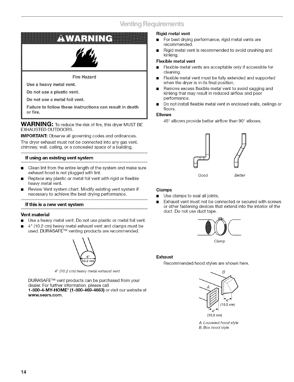 It this is a new vent system, Vent material, Awarning | Warning | Kenmore 110.8509# User Manual | Page 14 / 60