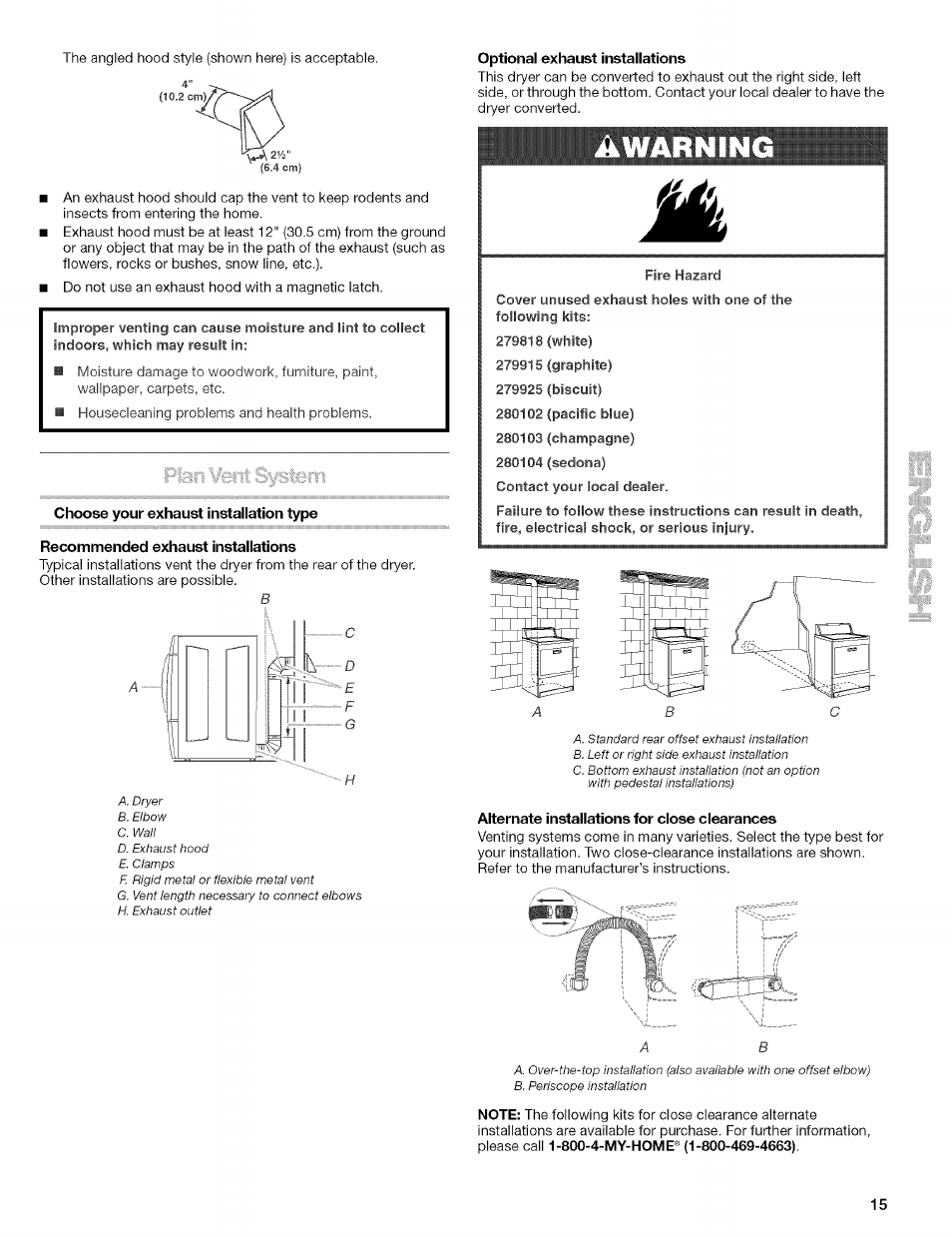 Choose your exhaust installation type, Recommended exhaust installations, Alternate installations for close clearances | Awarning | Kenmore 110.8509# User Manual | Page 15 / 60