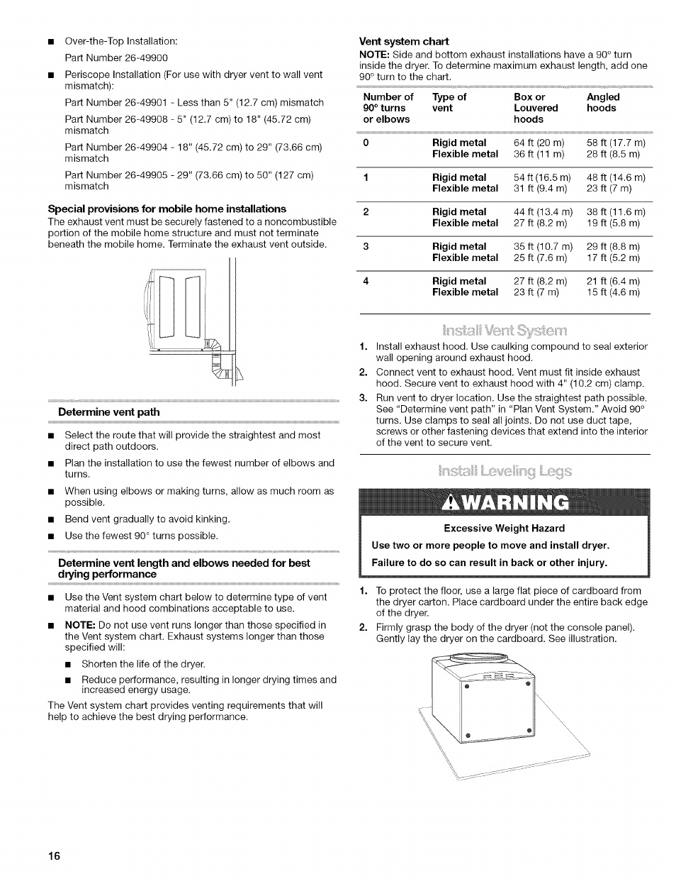 Special provisions for mobile home installations, Determine vent path, Vent system chart | Kenmore 110.8509# User Manual | Page 16 / 60