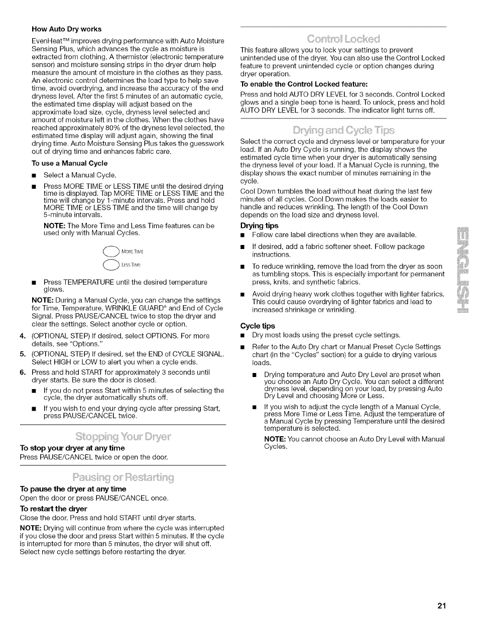 To stop your dryer at any time, Cycle tips, To pause the dryer at any time | Kenmore 110.8509# User Manual | Page 21 / 60