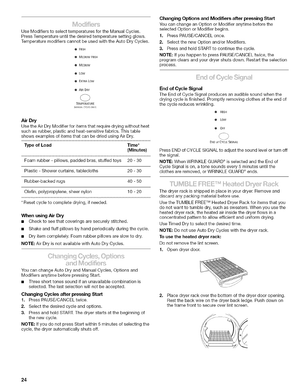 When using air dry, End of cycie signai, End of cycle signal | Kenmore 110.8509# User Manual | Page 24 / 60